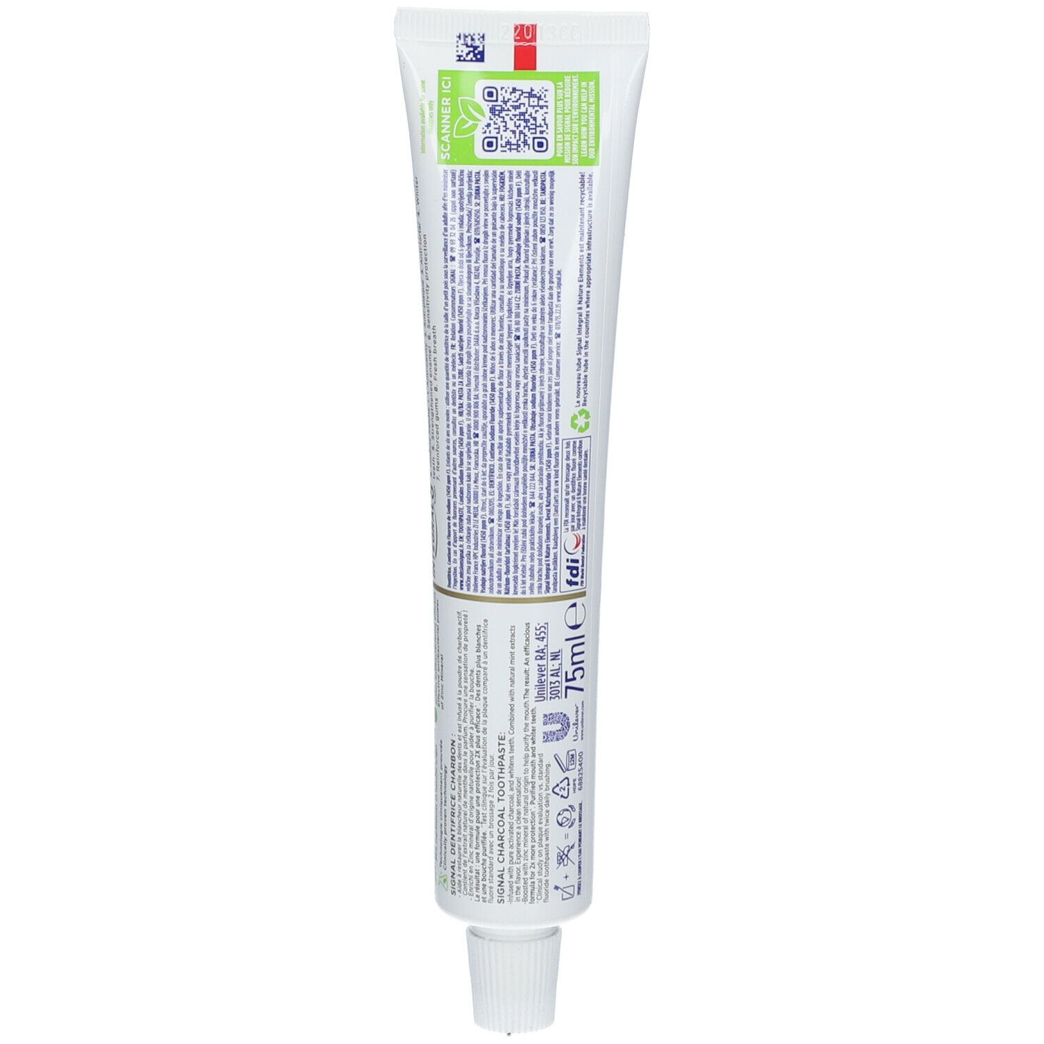 Rückseite der Zahnpasta-Tube. Text in mehreren Sprachen. QR-Code und Recycling-Symbol.