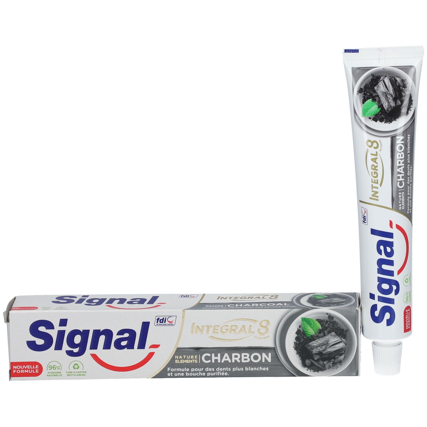 Zahnpasta-Tube und Schachtel. Signal, Integral 8, Aktivkohle. Schachtel mit Abbildung von Aktivkohle und Minze.