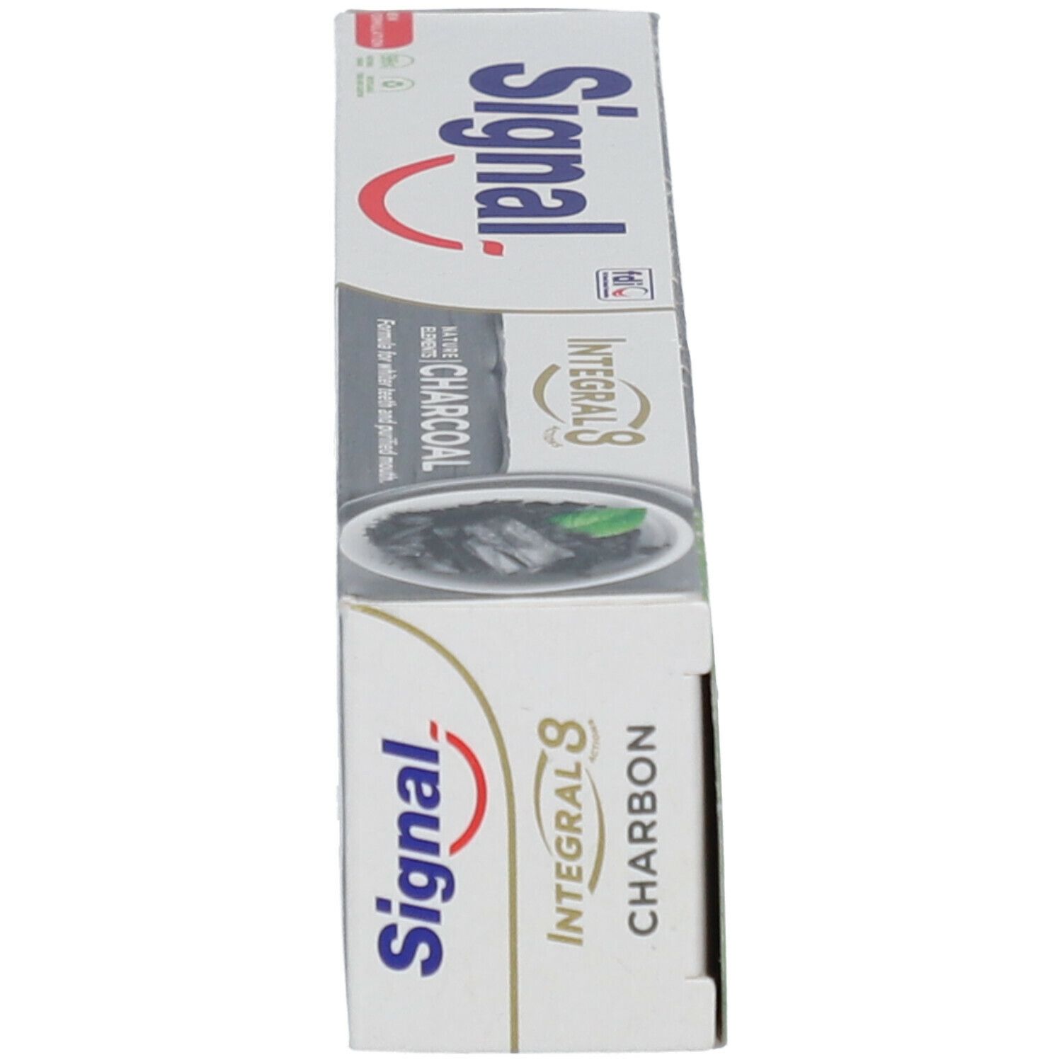 Schachtel Signal Integral 8 Aktivkohle. Seitenansicht. Logo und Produktbezeichnung. Schwarze und weiße Farbgebung.