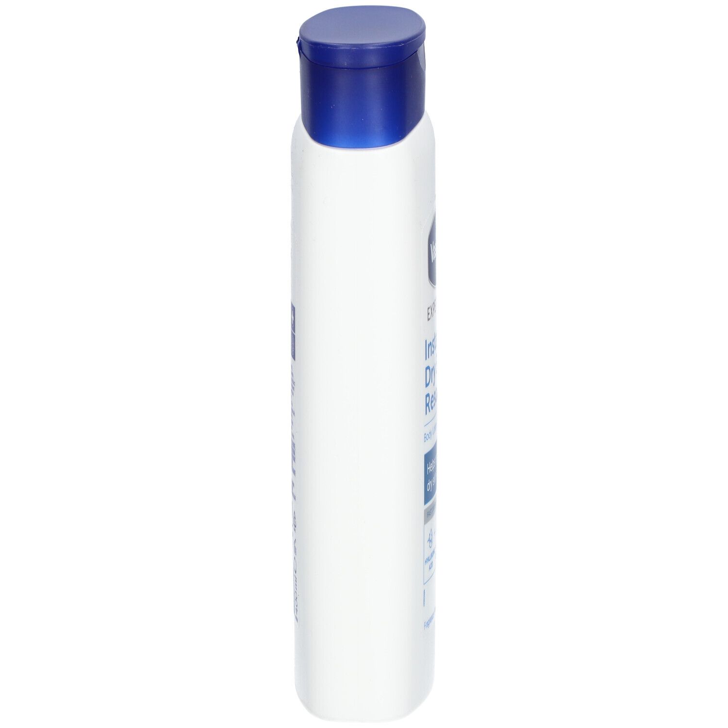 Flacon blanc avec bouchon bleu, vue latérale. Inscription: Vaseline Expert Care Instant Dry Skin Rescue.