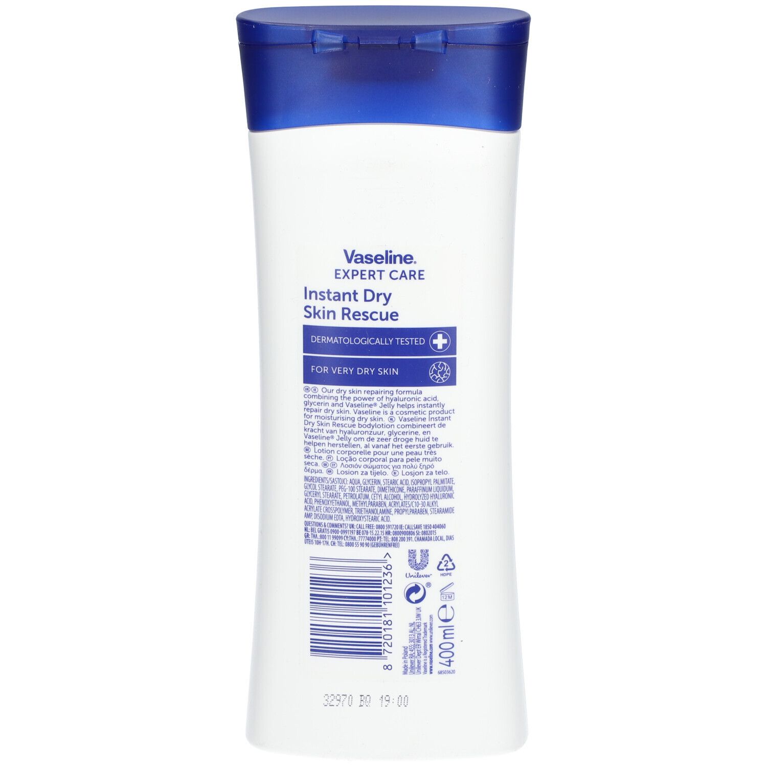 Dos du flacon blanc avec bouchon bleu. Inscription: Vaseline Expert Care Instant Dry Skin Rescue.