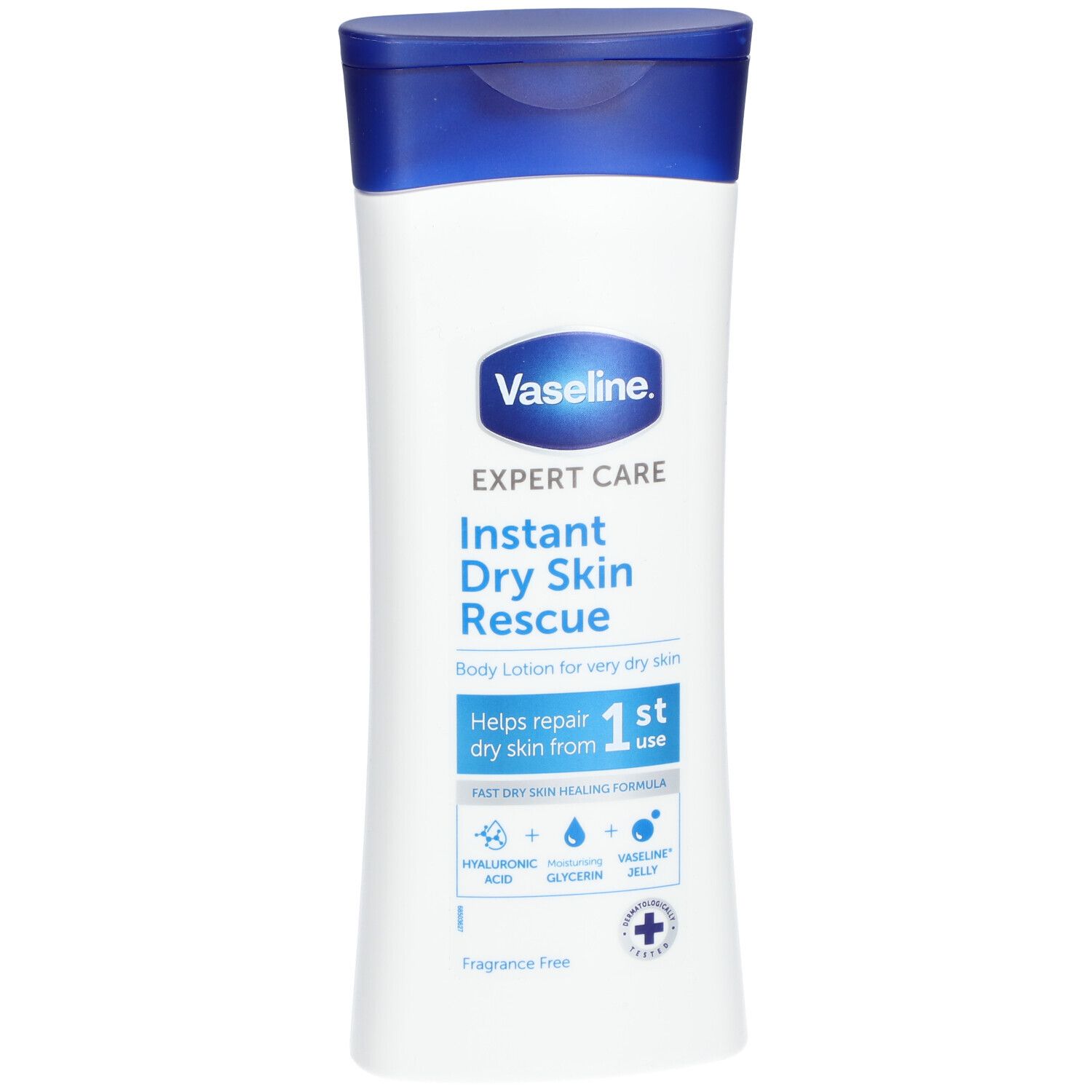 Flacon blanc avec bouchon bleu. Inscription: Vaseline Expert Care Instant Dry Skin Rescue Bodylotion.