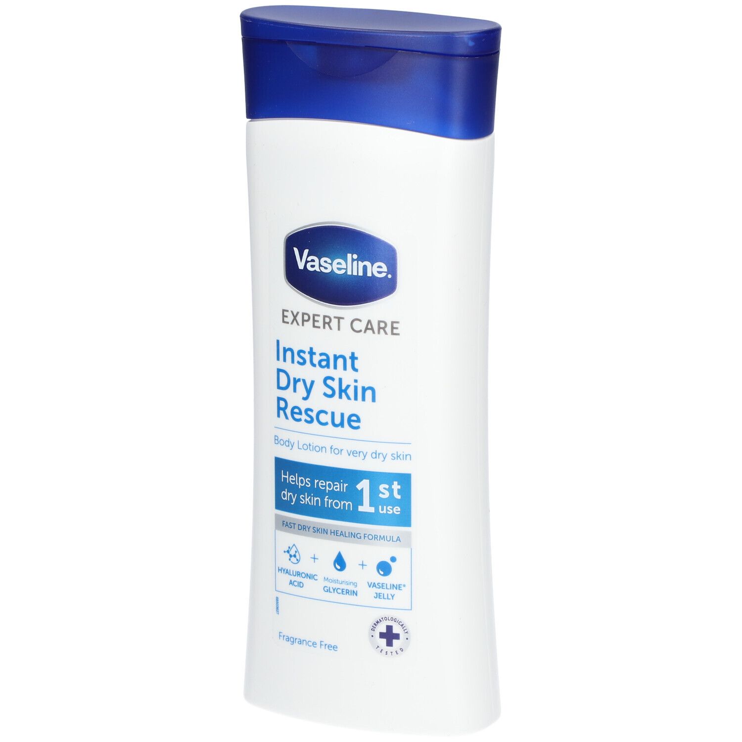 Flacon blanc avec bouchon bleu. Inscription: Vaseline Expert Care Instant Dry Skin Rescue Bodylotion.