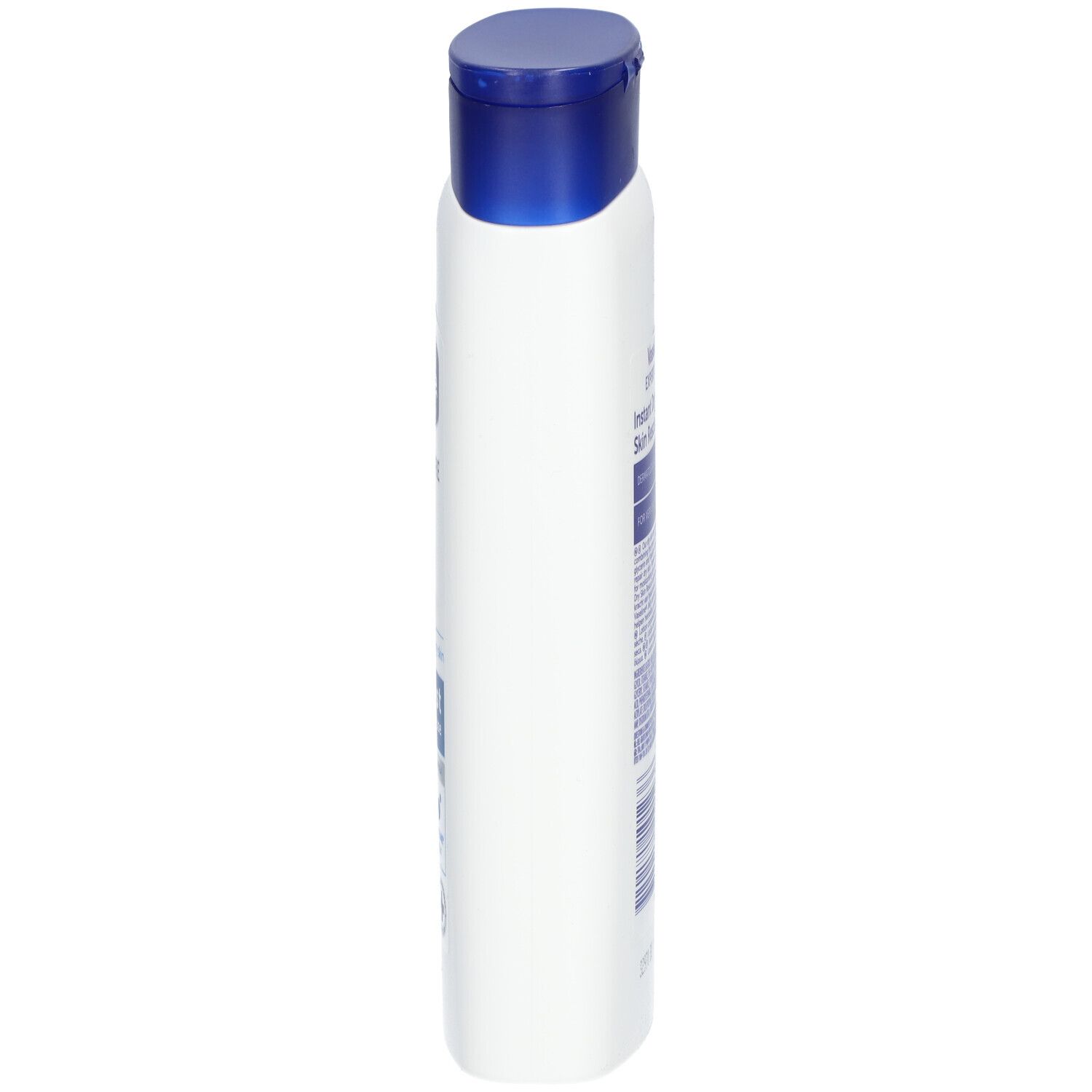 Flacon blanc avec bouchon bleu, vue latérale. Inscription: Vaseline Expert Care Instant Dry Skin Rescue.
