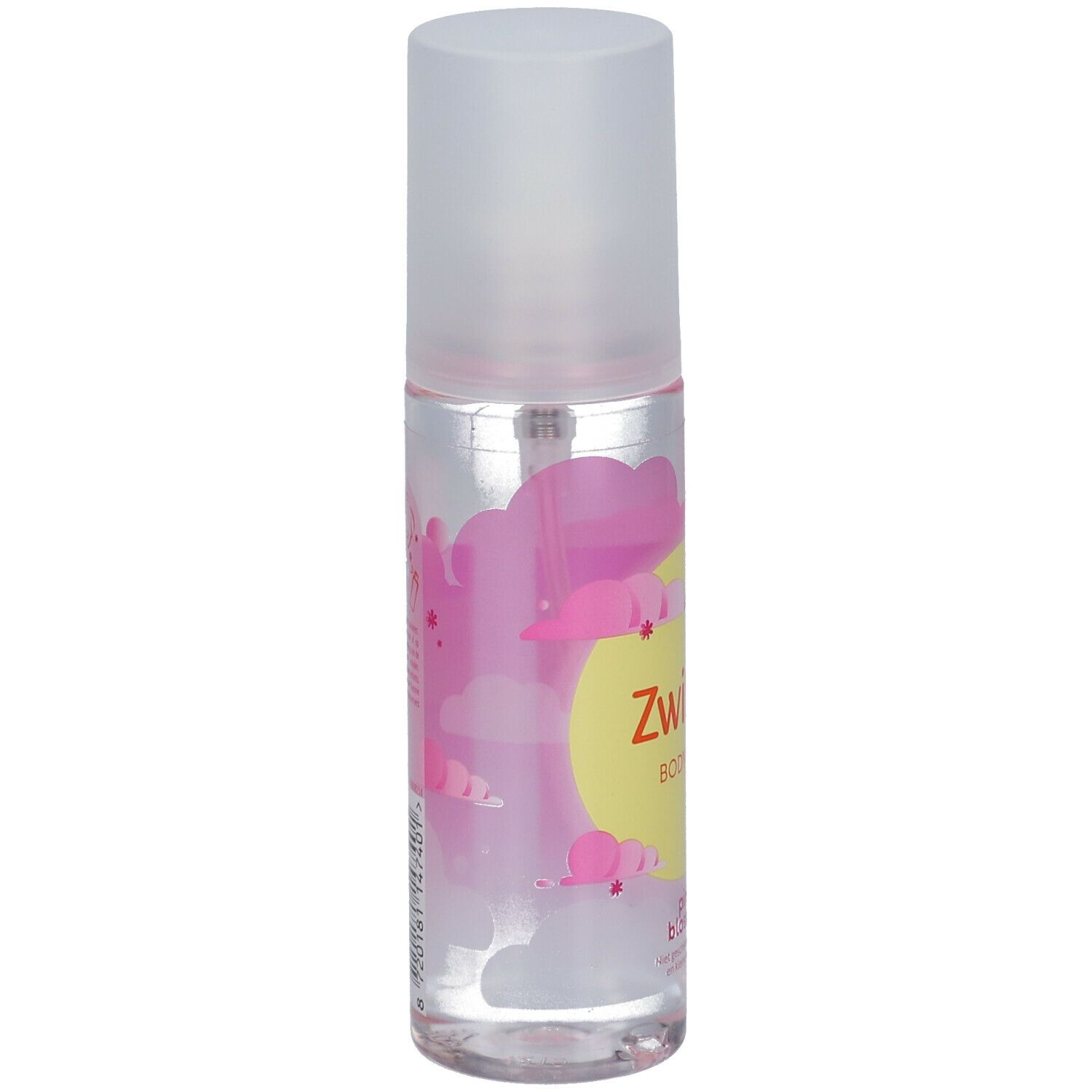 Body mist fles met roze bloemen design. Opschrift: Zwitsal Body Mist.