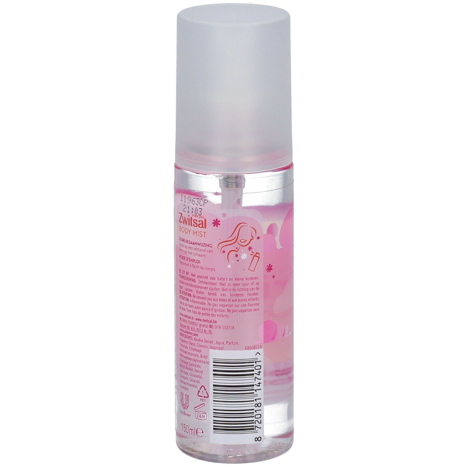 Body mist fles met etiket. Opschrift: Zwitsal, ingrediënten, barcode, 150ml.