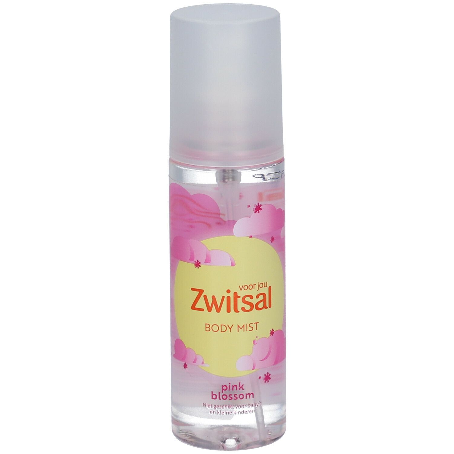Body mist fles met roze bloemen design. Opschrift: Zwitsal Body Mist Pink Blossom.
