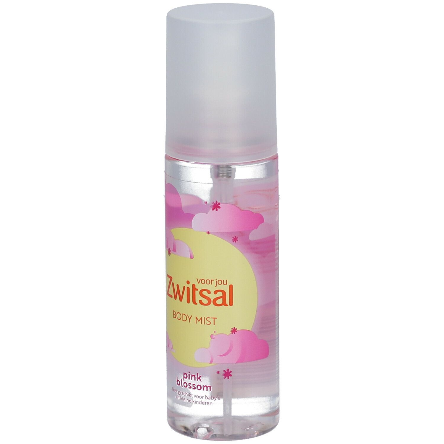 Body mist fles met roze bloemen design. Opschrift: Zwitsal Body Mist Pink Blossom.