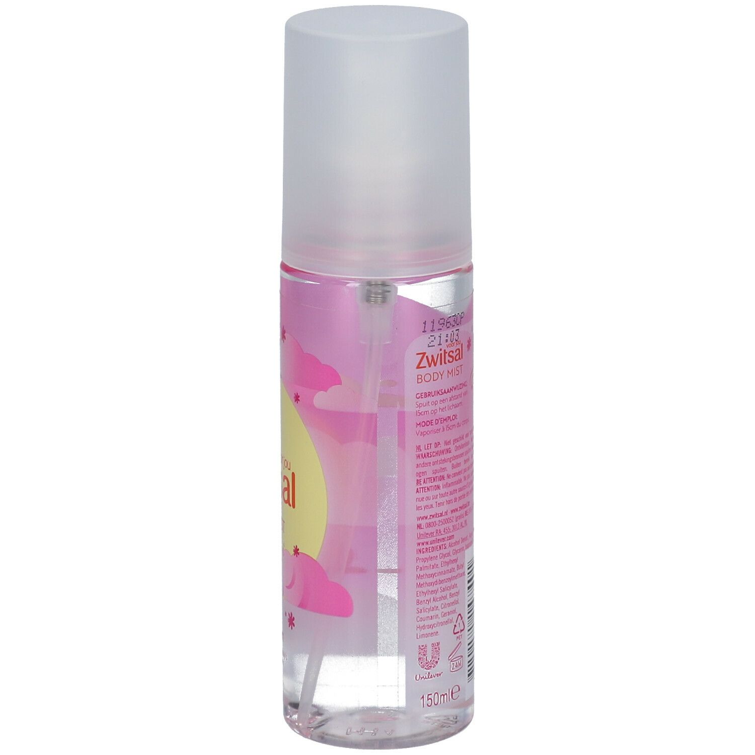 Body mist fles met etiket. Opschrift: Zwitsal, ingrediënten, barcode, 150ml.