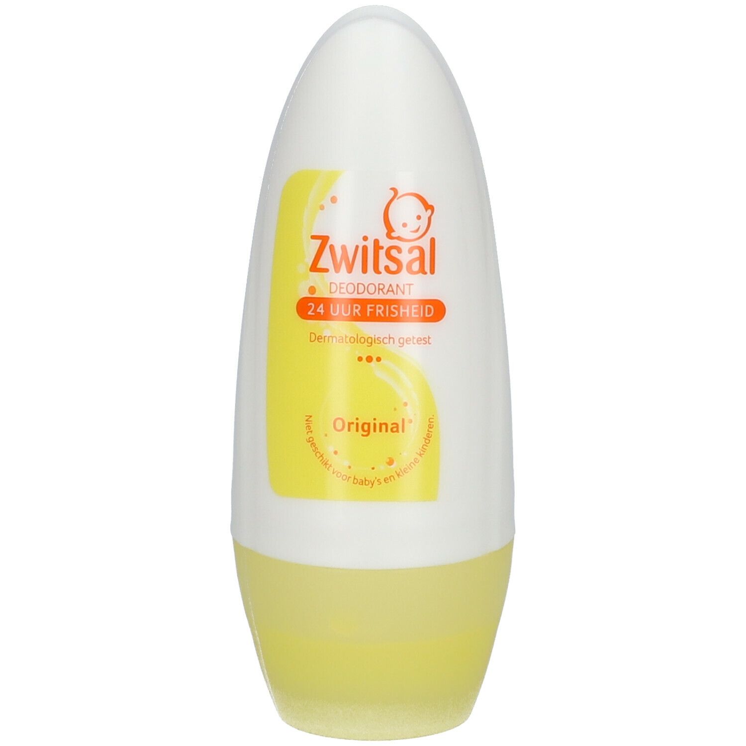 Wit en gele roll-on deodorant. Opschrift: Zwitsal, Deodorant, 24 uur frisheid, Original. Babysymbool.