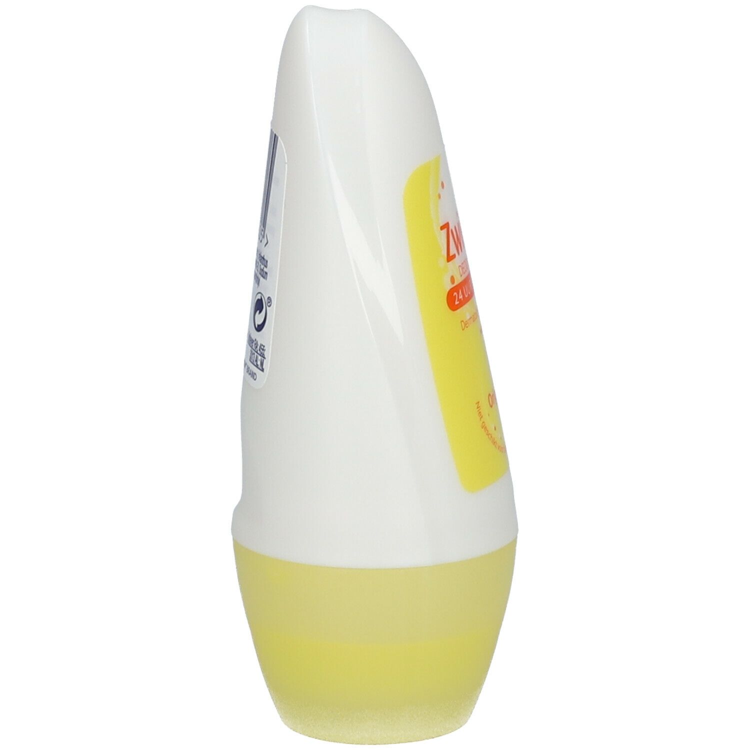 Zijaanzicht van de witte en gele roll-on deodorant. Geel vloeistofniveau zichtbaar. Geen verdere details.