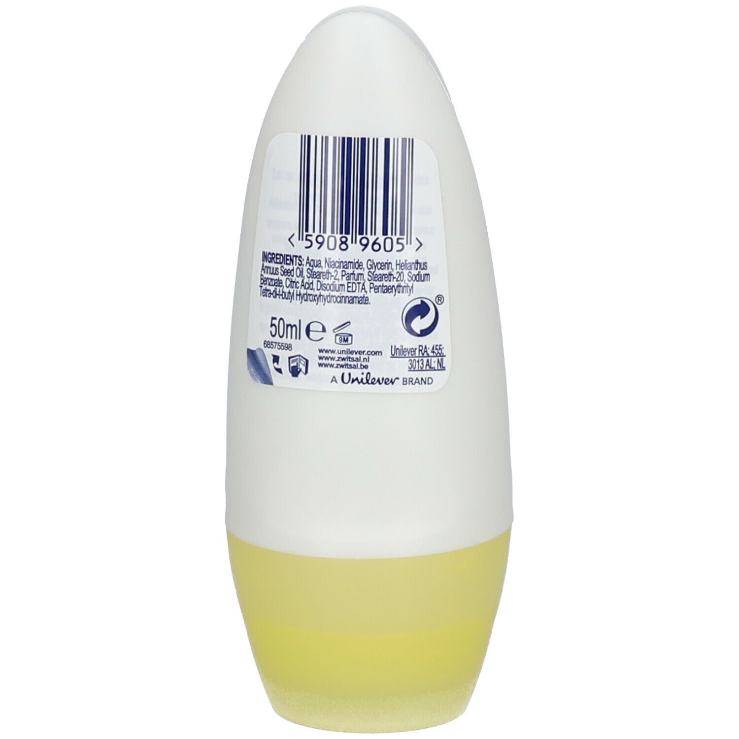 Achterkant van de roll-on deodorant. Barcode, ingrediënten, 50ml e, Unilever-logo. Wit en gele kleurstelling.