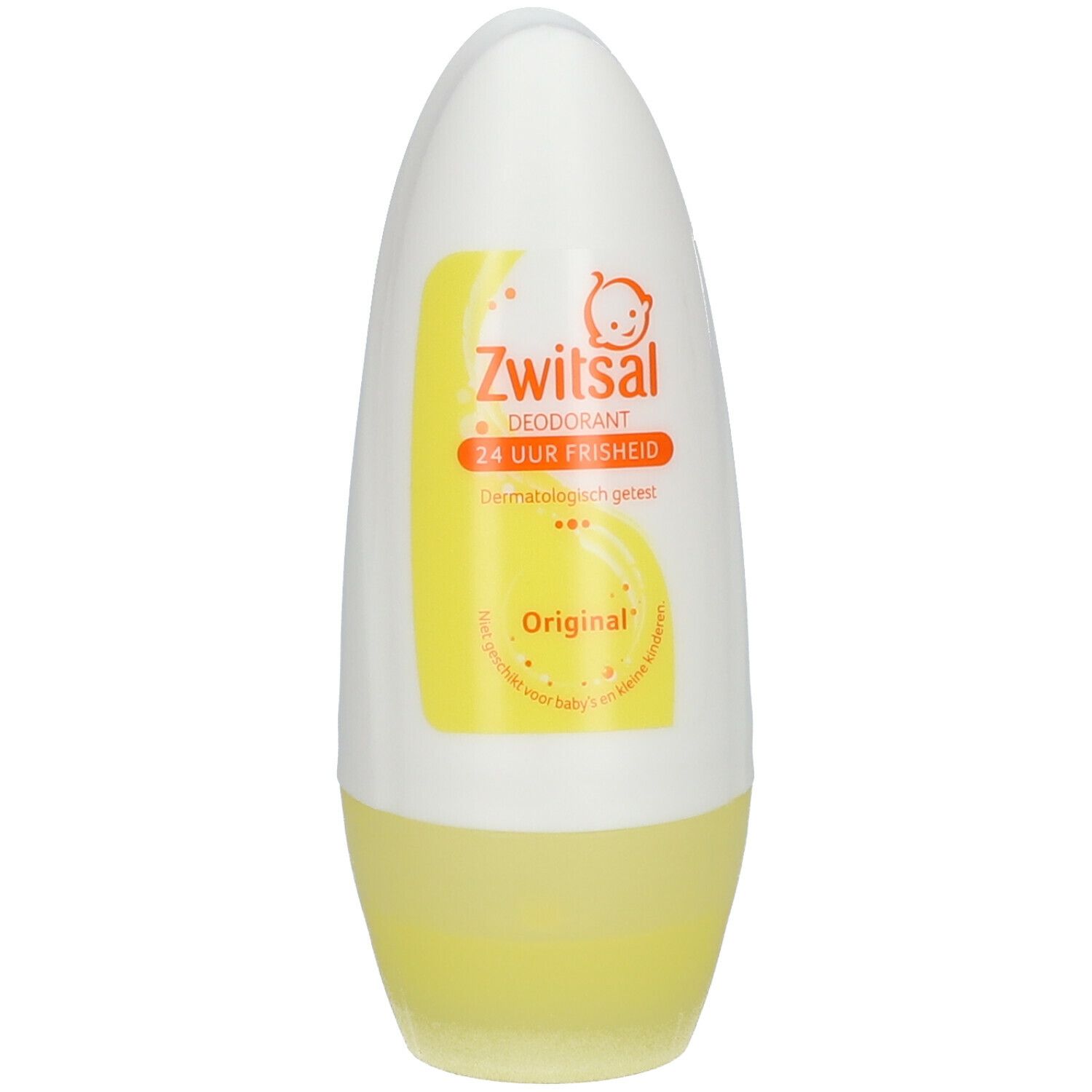 Roll-on deodorant, wit en geel. Opschrift: Zwitsal, Deodorant, 24 uur frisheid, Original. Babysymbool.