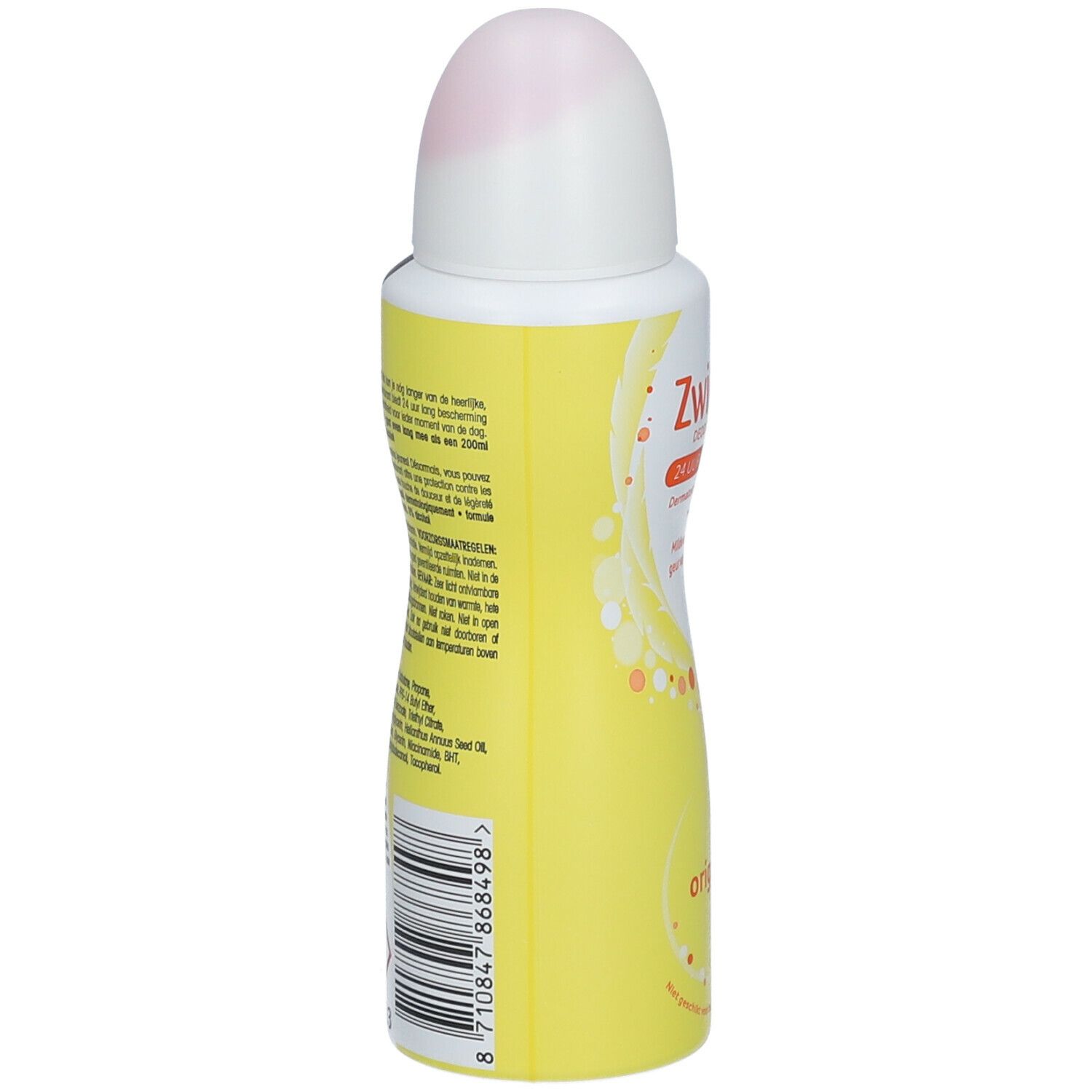 Zwitsal deodorant spray. Achterkant fles met tekst. Gele achtergrond, witte tekst. Barcode.
