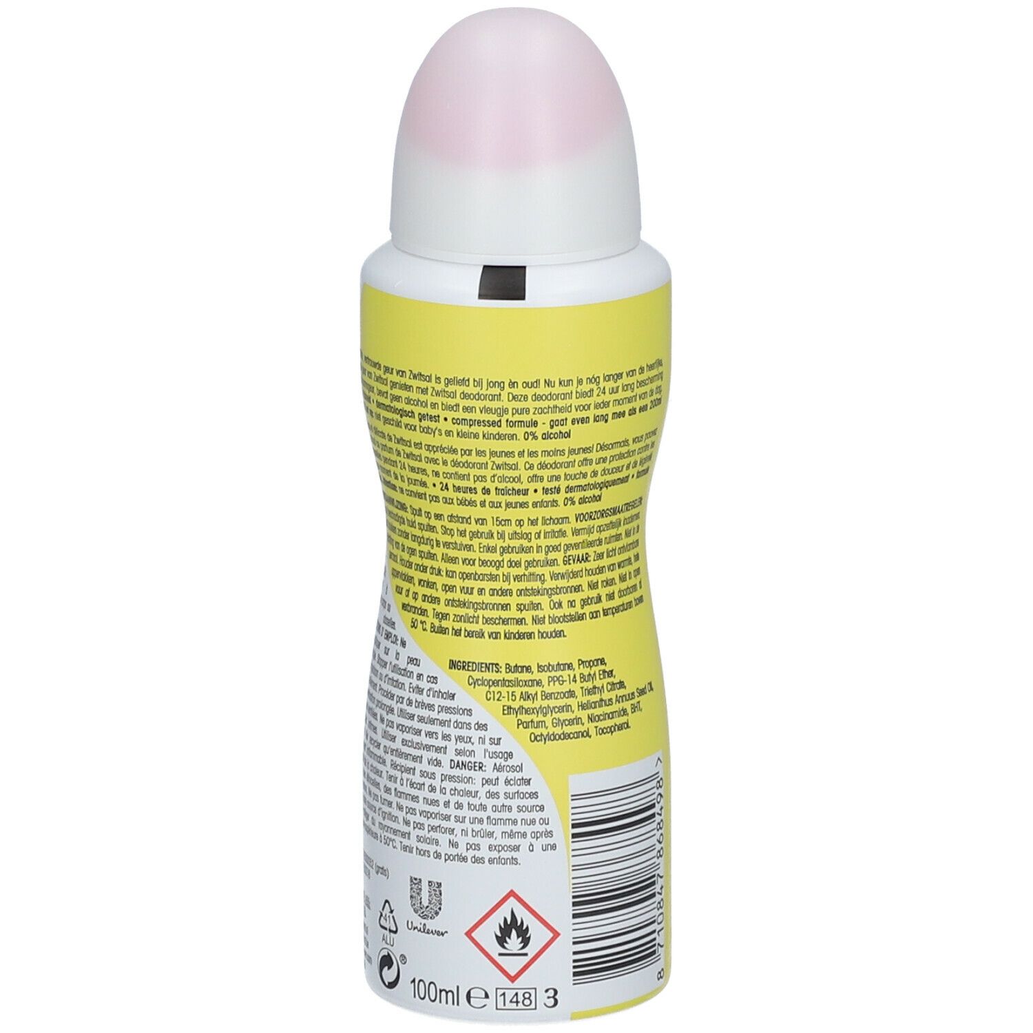 Zwitsal deodorant spray. Zijaanzicht met tekst en waarschuwingen. Gele achtergrond, witte tekst. 100ml.
