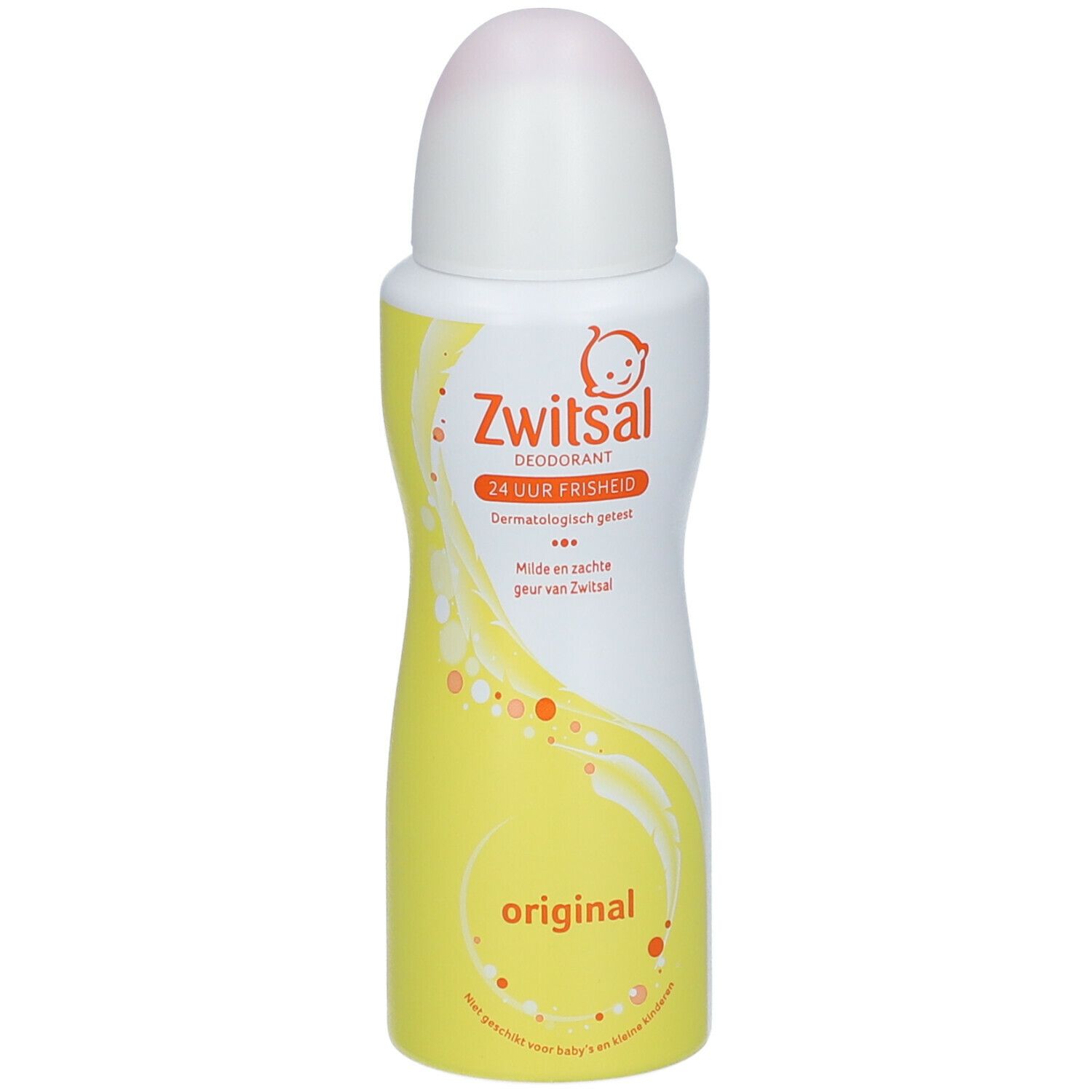 Zwitsal deodorant spray. Wit-gele fles met roze dop. Opschrift: Zwitsal, 24 uur frisheid, Original.