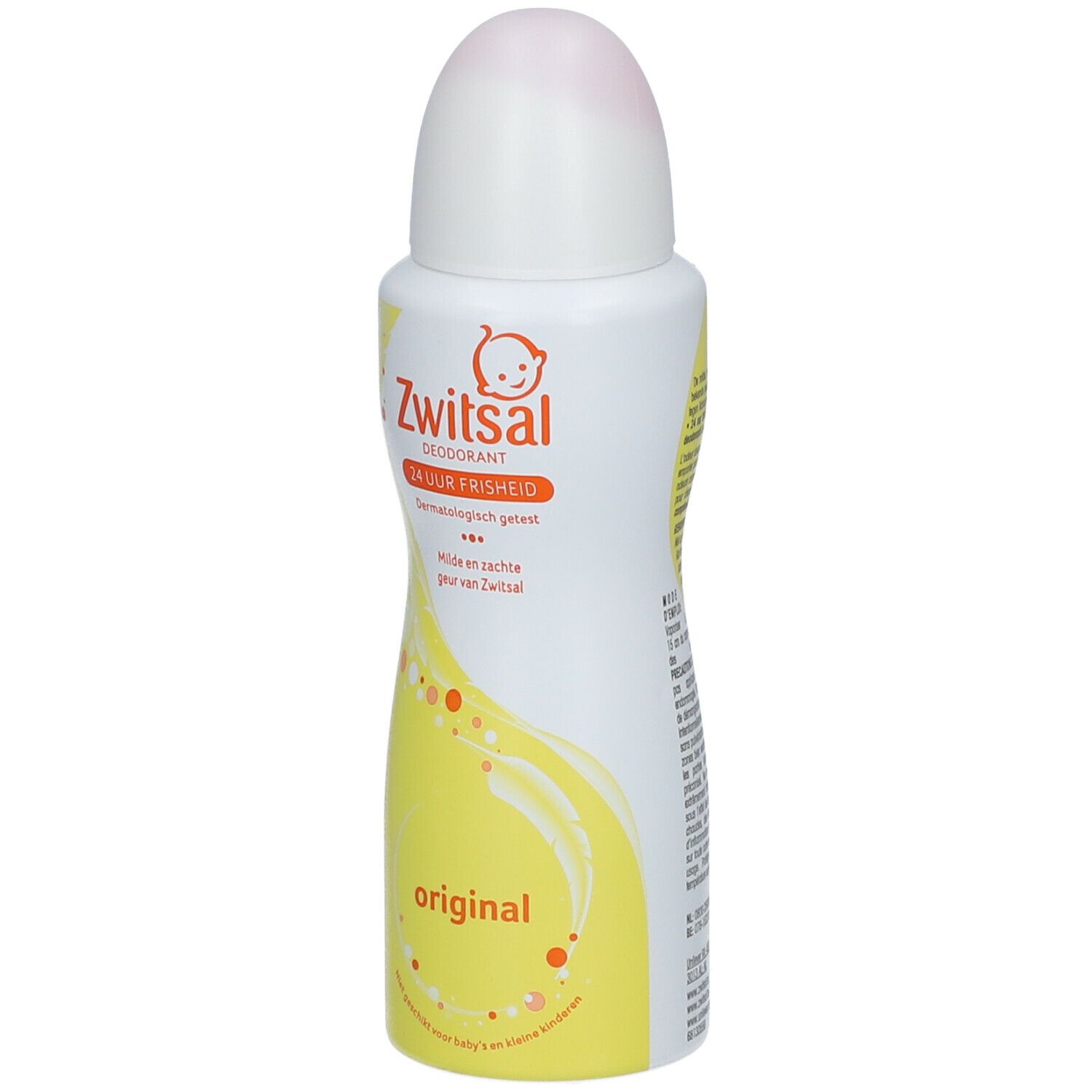 Zwitsal deodorant spray. Wit-gele fles met roze dop. Opschrift: Zwitsal, 24 uur frisheid, Original.