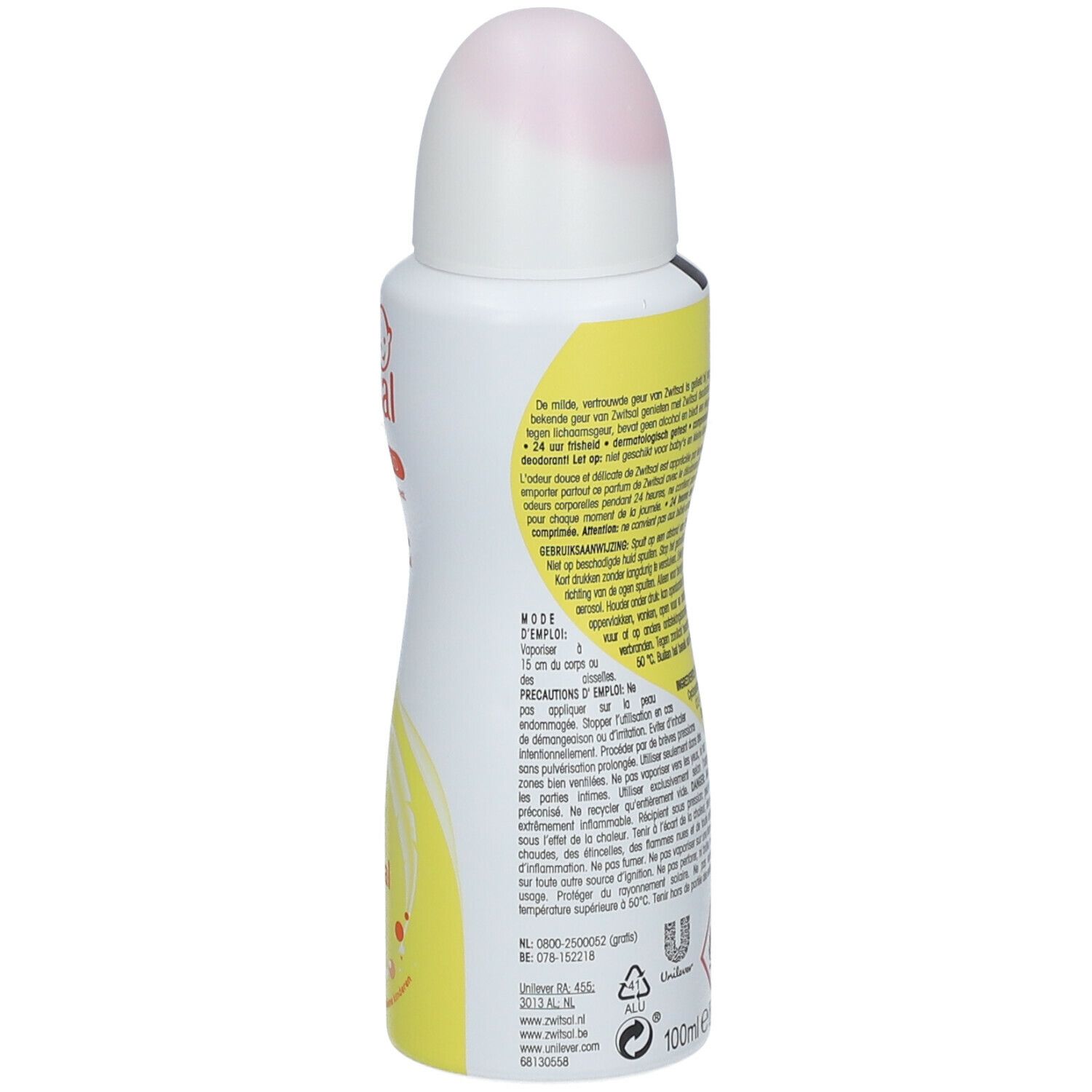 Zwitsal deodorant spray. Zijaanzicht met tekst. Gele achtergrond, witte tekst. 100ml. Waarschuwingen.