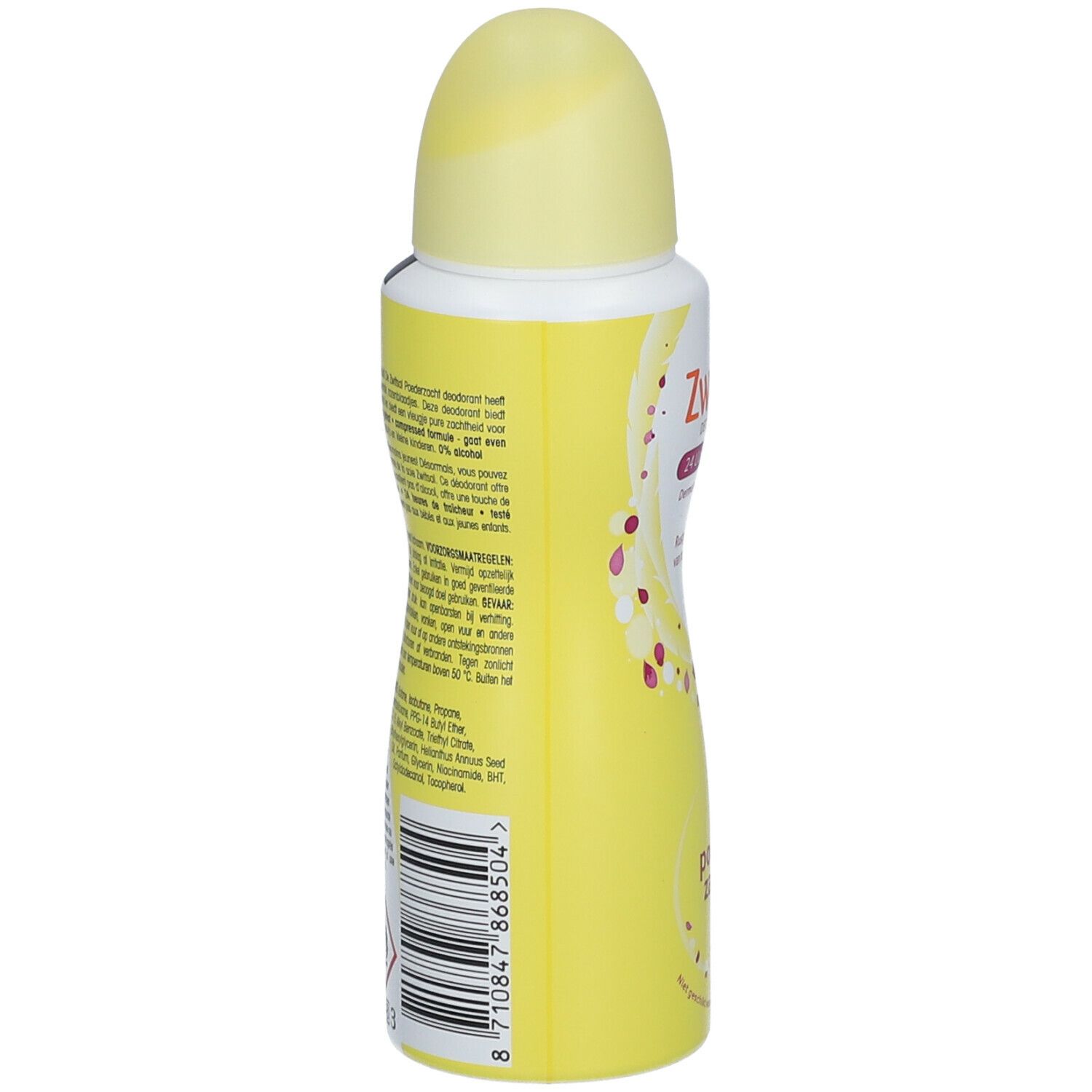 Achteraanzicht van de deodorant sprayfles. Opschrift en barcode zichtbaar. Gele dop en fles.