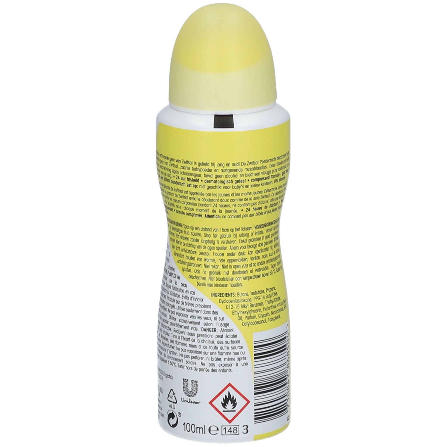 Achteraanzicht van de deodorant sprayfles. Meertalige tekst. Waarschuwing: licht ontvlambaar.