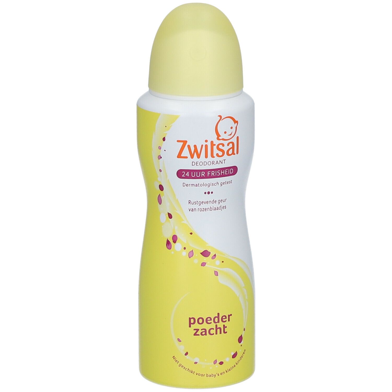 Deodorant sprayfles, schuin. Opschrift: Zwitsal, 24 uur frisheid, poeder zacht. Baby logo.
