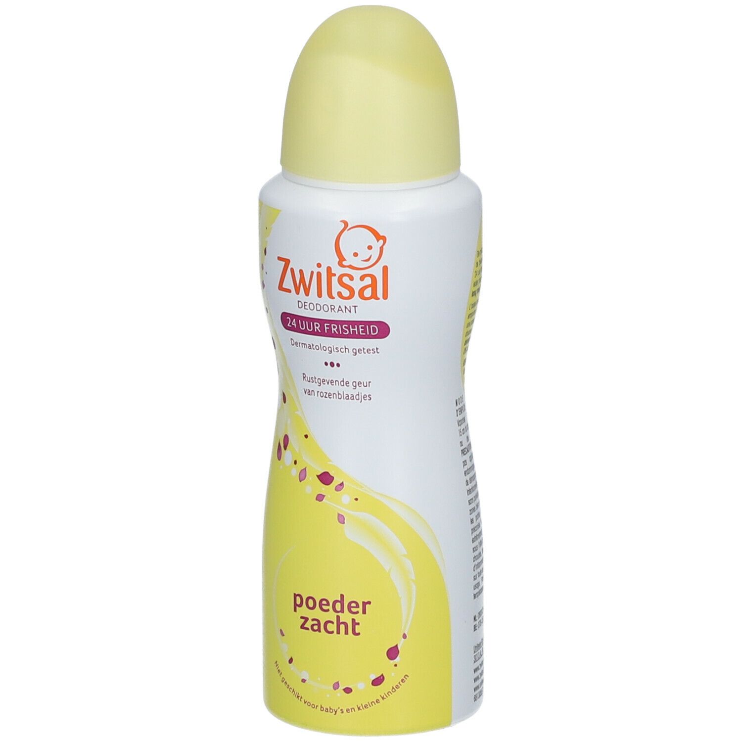 Deodorant sprayfles, schuin. Opschrift: Zwitsal, 24 uur frisheid, poeder zacht. Baby logo.