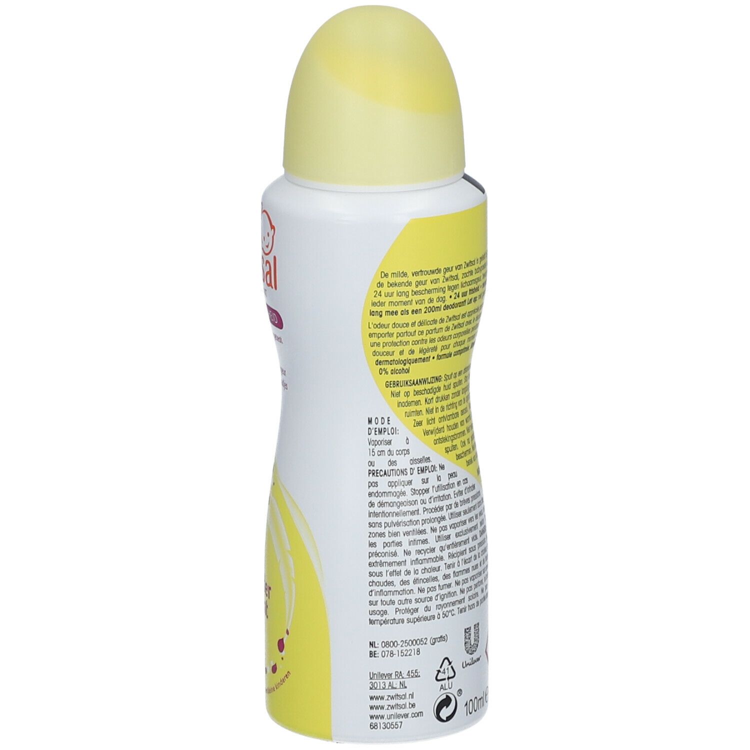 Achteraanzicht van de deodorant sprayfles. Meertalige tekst. Volume: 100ml. Waarschuwing.