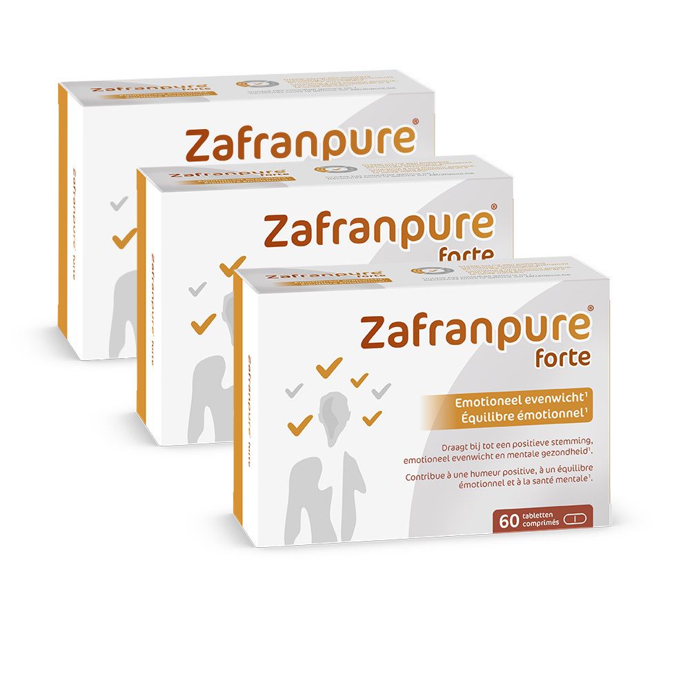Trois boîtes Zafranpure forte. Emballage blanc avec texte et illustrations orange. Contient 60 comprimés.
