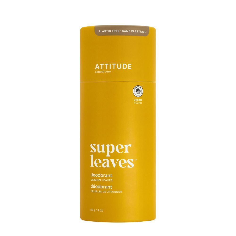 Cilindrische deodorantverpakking. Geel deksel, gele body. Opschrift: ATTITUDE, Super Leaves, deodorant. Veganistisch logo.