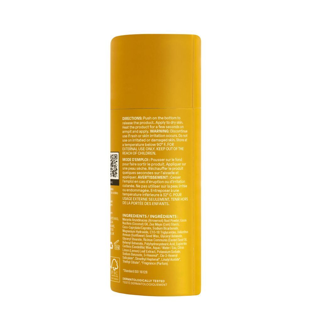 Achterkant van de deodorantverpakking. Gele body, tekst. Opschrift: ATTITUDE, Super Leaves, deodorant. Meertalige tekst.