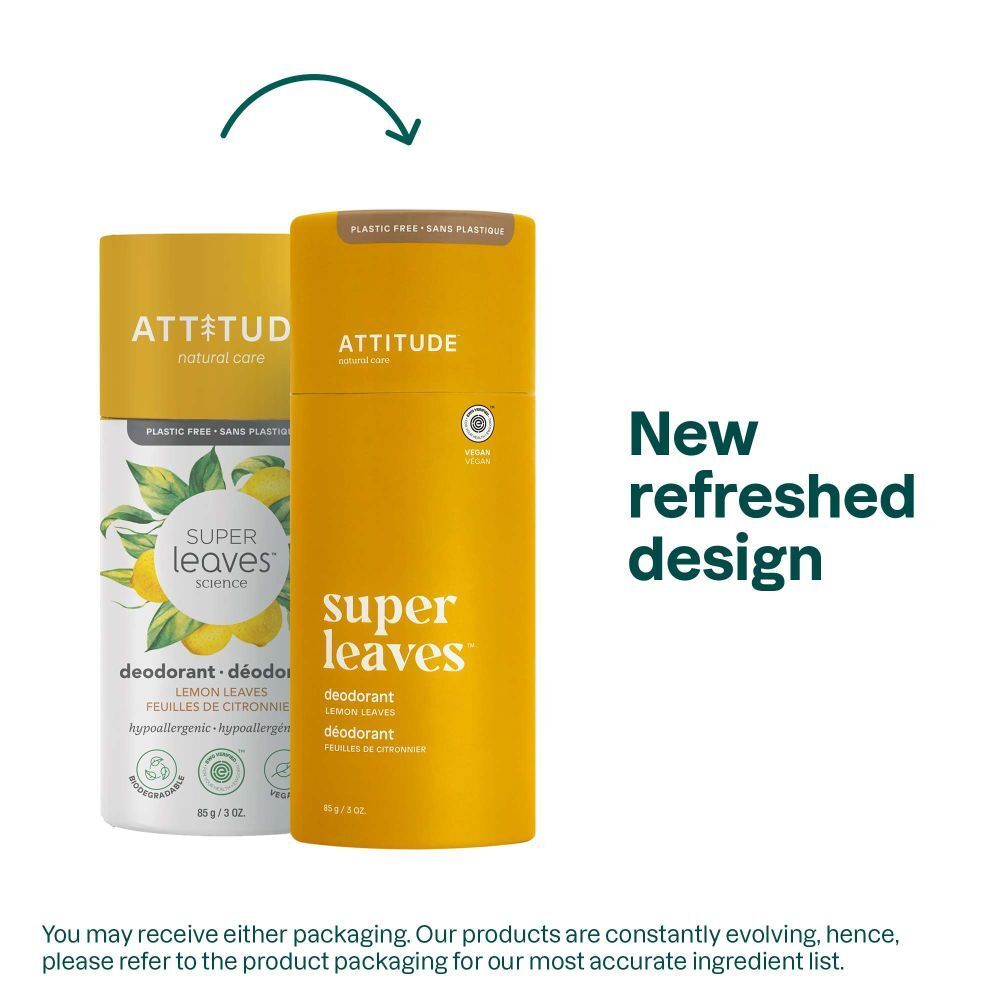 Twee deodorantverpakkingen. Links: wit, citroenmotief. Rechts: geel. Opschrift: ATTITUDE, Super Leaves, deodorant. Tekst.