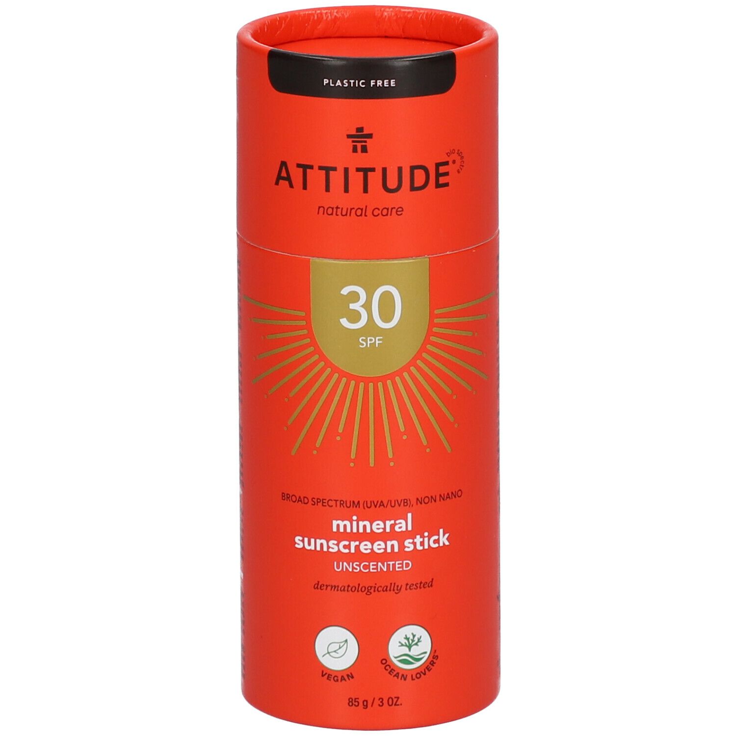 Stick solaire rouge ATTITUDE LSF 30, minéral, sans parfum. Végétalien, testé dermatologiquement.