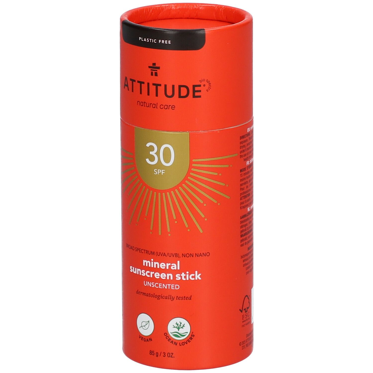 Stick solaire rouge ATTITUDE LSF 30, minéral, sans parfum. Végétalien, testé dermatologiquement.