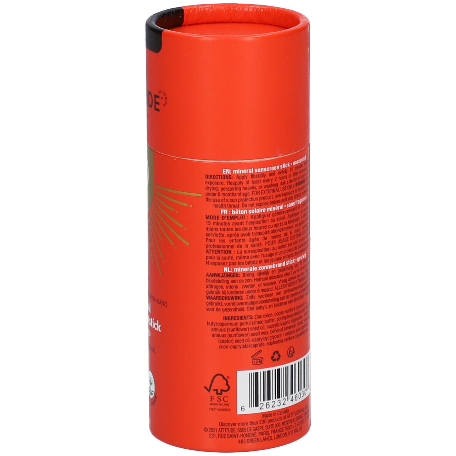 Stick solaire rouge avec textes multilingues. Informations produit et ingrédients au dos.