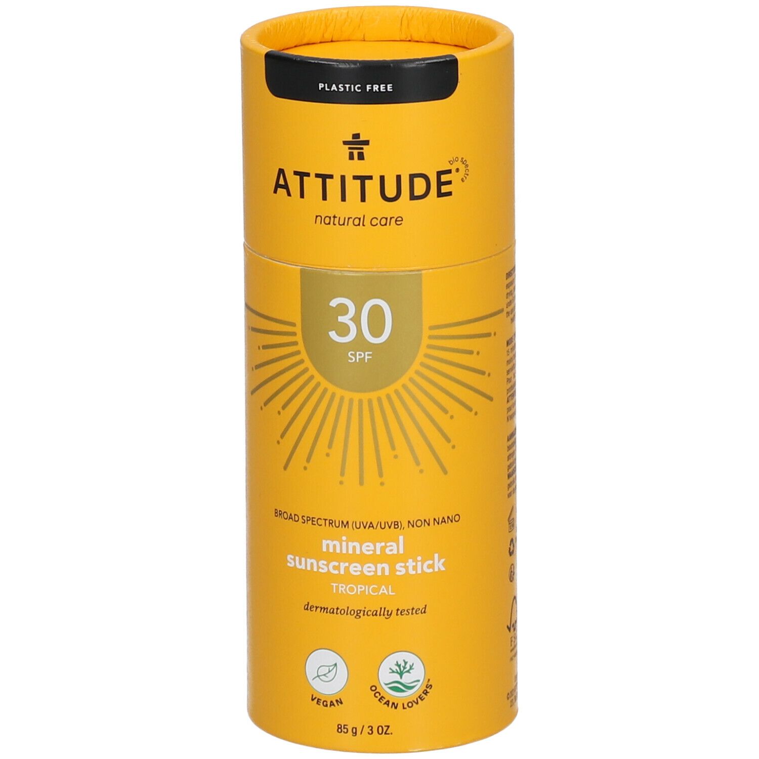 Gele cilindrische verpakking. "ATTITUDE" en "30 SPF" zichtbaar. "Mineral Sunscreen Stick". Vegan en Ocean Lovers labels.