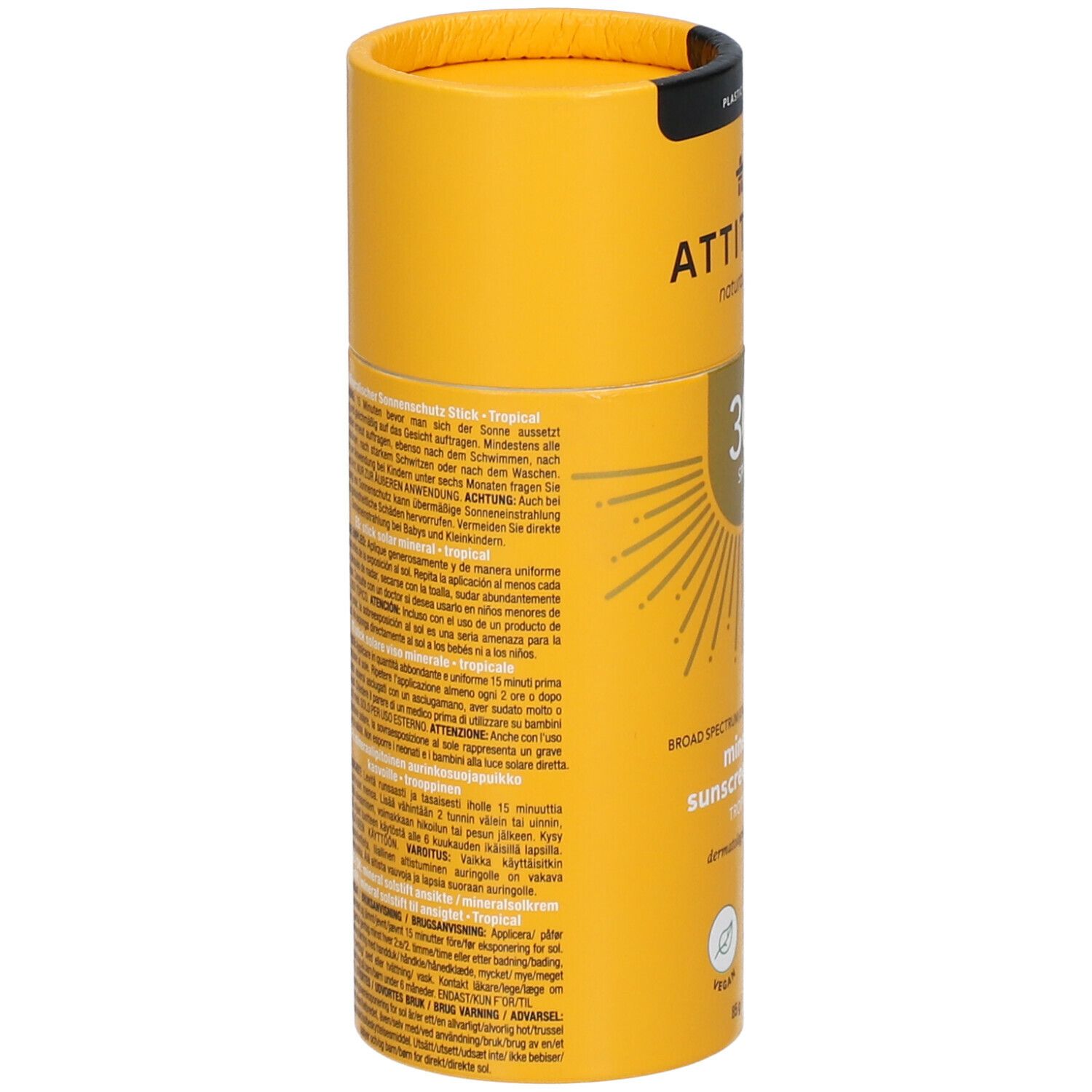 Gele cilindrische verpakking. Tekst op de zijkant. "30 SPF" en "Mineral Sunscreen Stick" zichtbaar. Meertalige tekst.