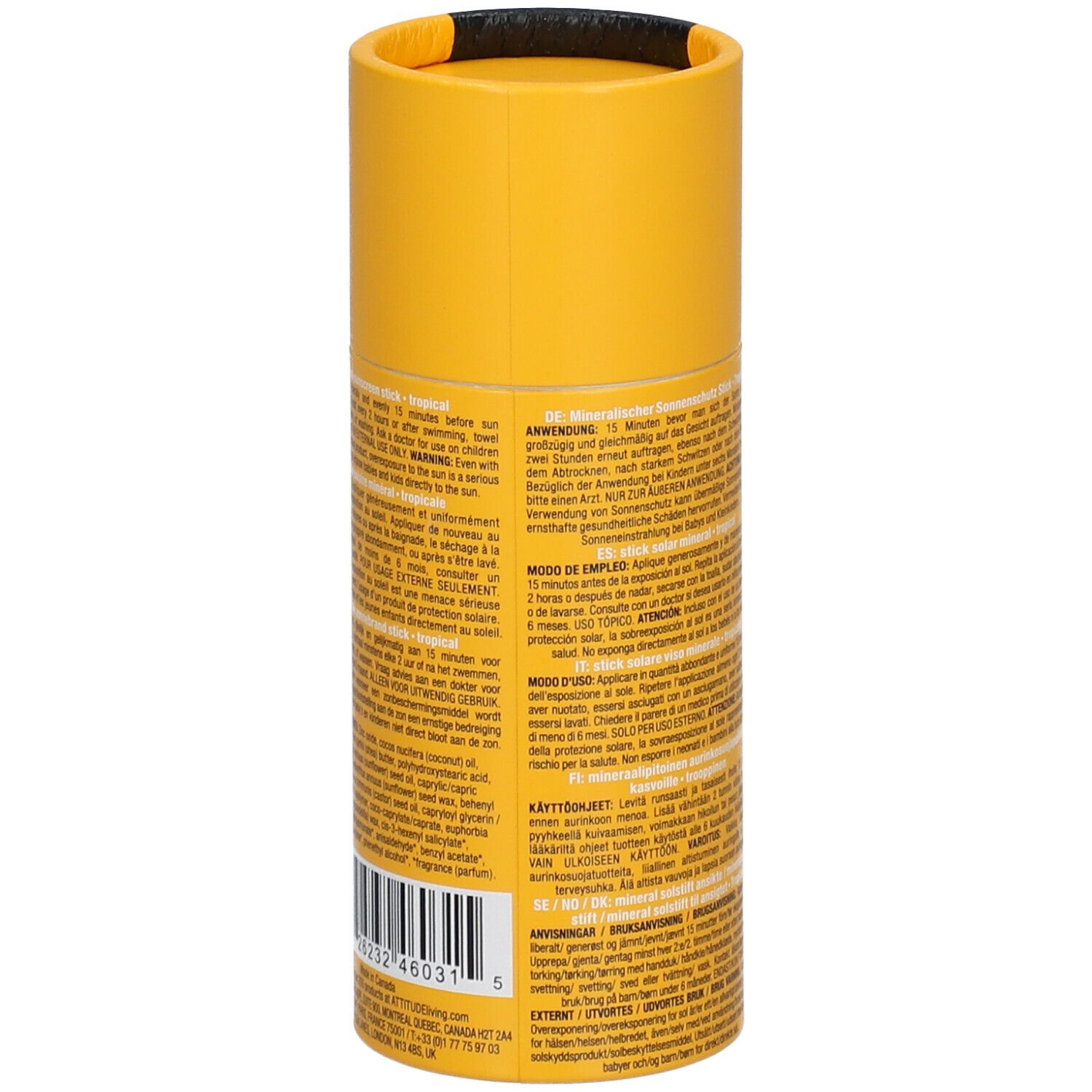 Gele cilindrische verpakking. Tekst op de zijkant. Meertalige tekst. Barcode en waarschuwingen zichtbaar.