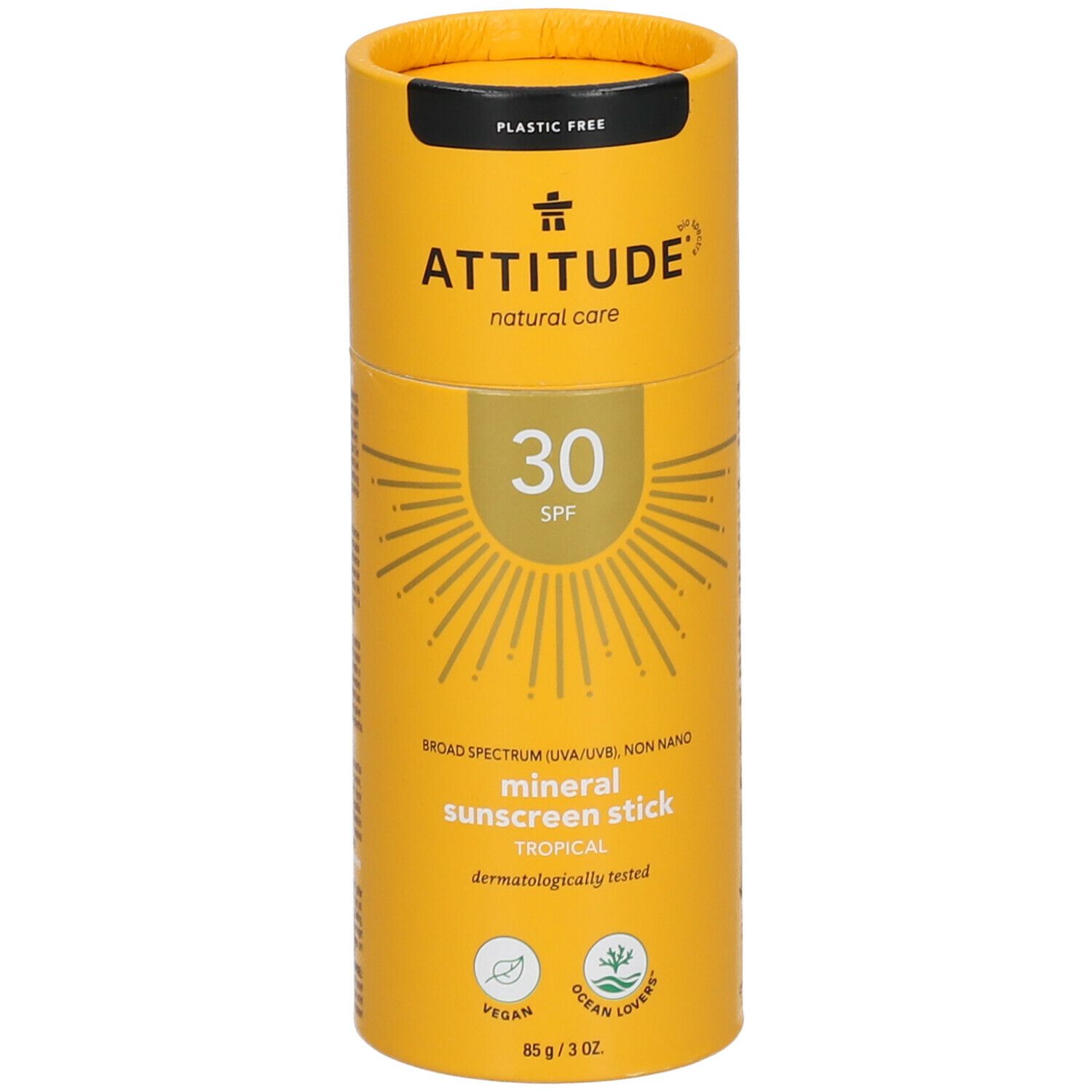 Gele cilindrische verpakking. "ATTITUDE" en "30 SPF" zichtbaar. "Mineral Sunscreen Stick". Vegan en Ocean Lovers labels.