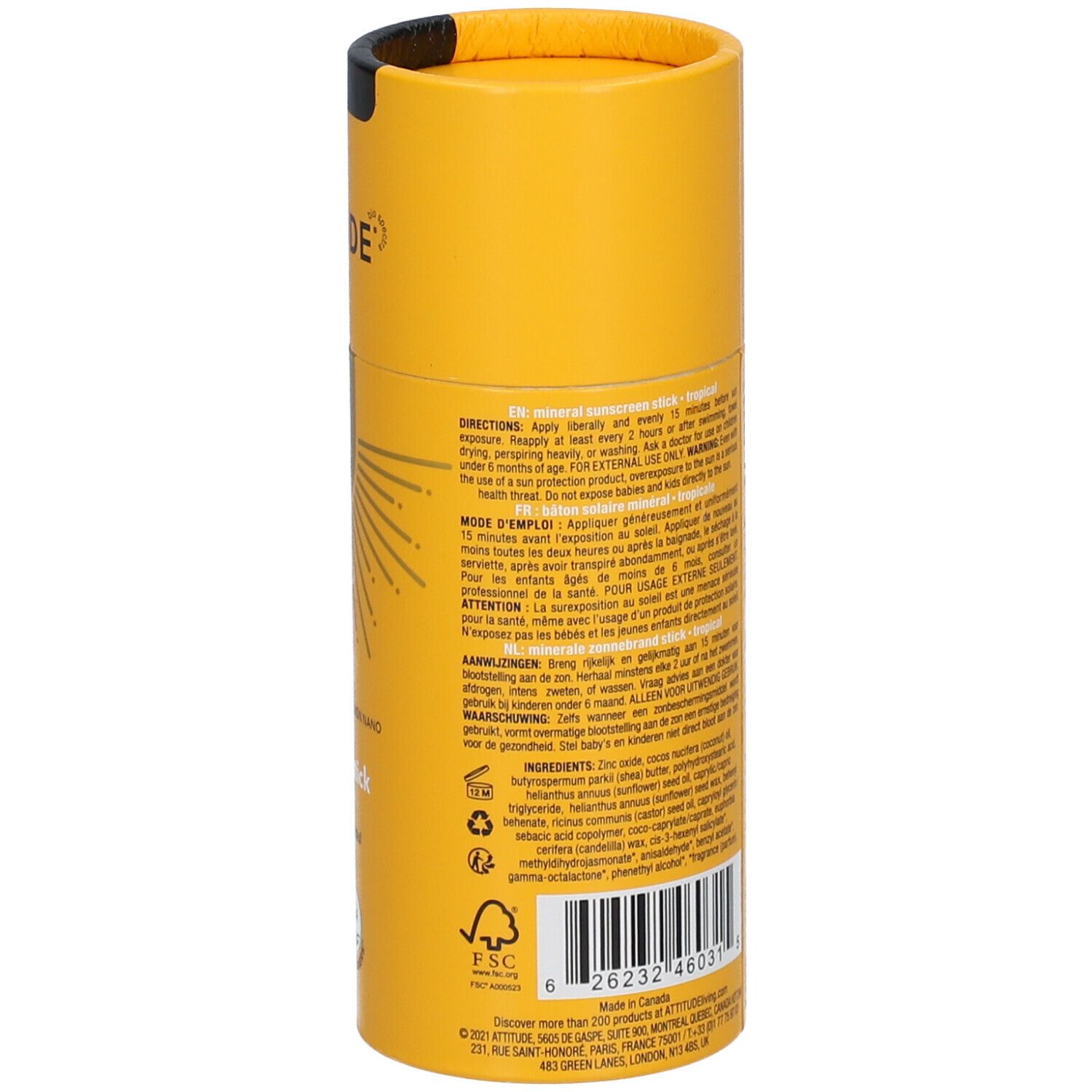 Gele cilindrische verpakking. Tekst op de zijkant. "30 SPF" en "Mineral Sunscreen Stick" zichtbaar. FSC-logo.