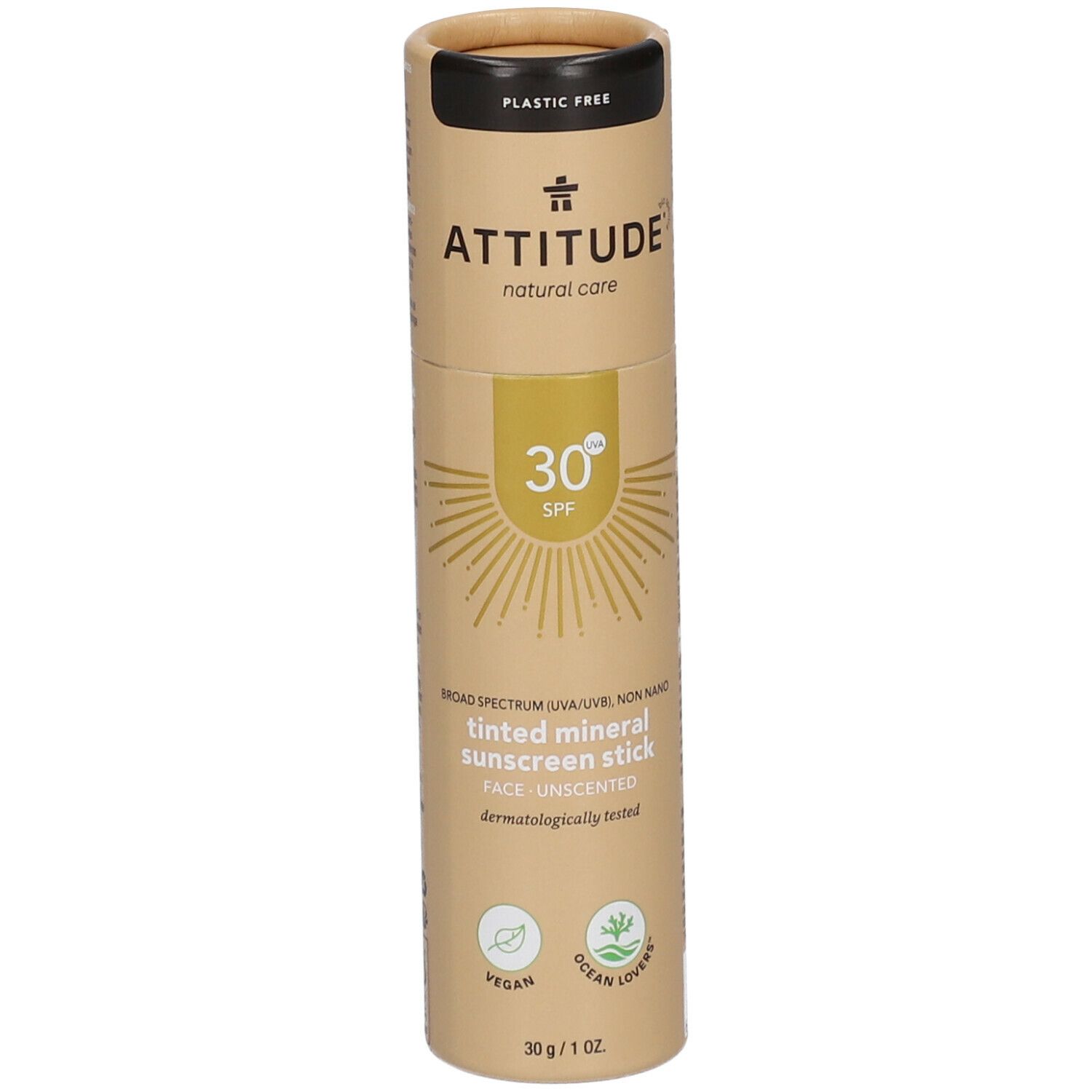 Cilindrische verpakking. ATTITUDE getinte zonnestick voor het gezicht SPF 30. Veganistisch, dermatologisch getest. 30 SPF.