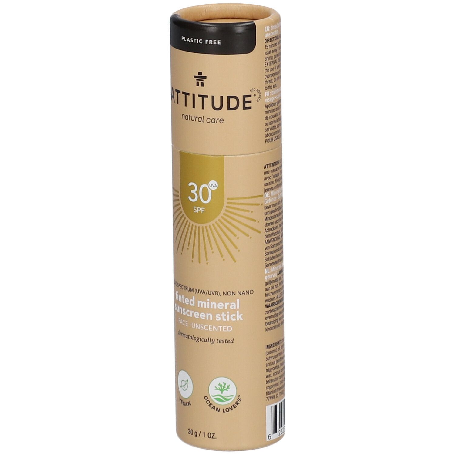 Cilindrische verpakking. ATTITUDE getinte zonnestick voor het gezicht SPF 30. Veganistisch, dermatologisch getest. 30 SPF.