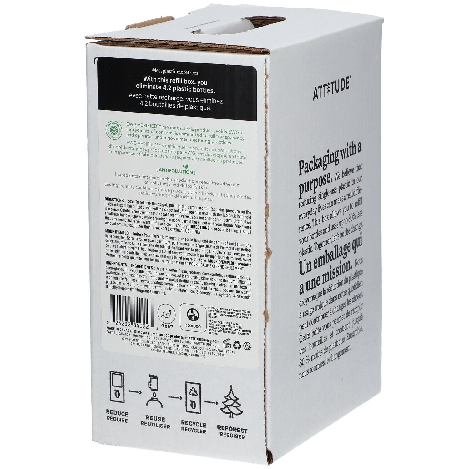 Kartonnen verpakking met productinformatie en certificeringen. Achterkant met ingrediënten en instructies.