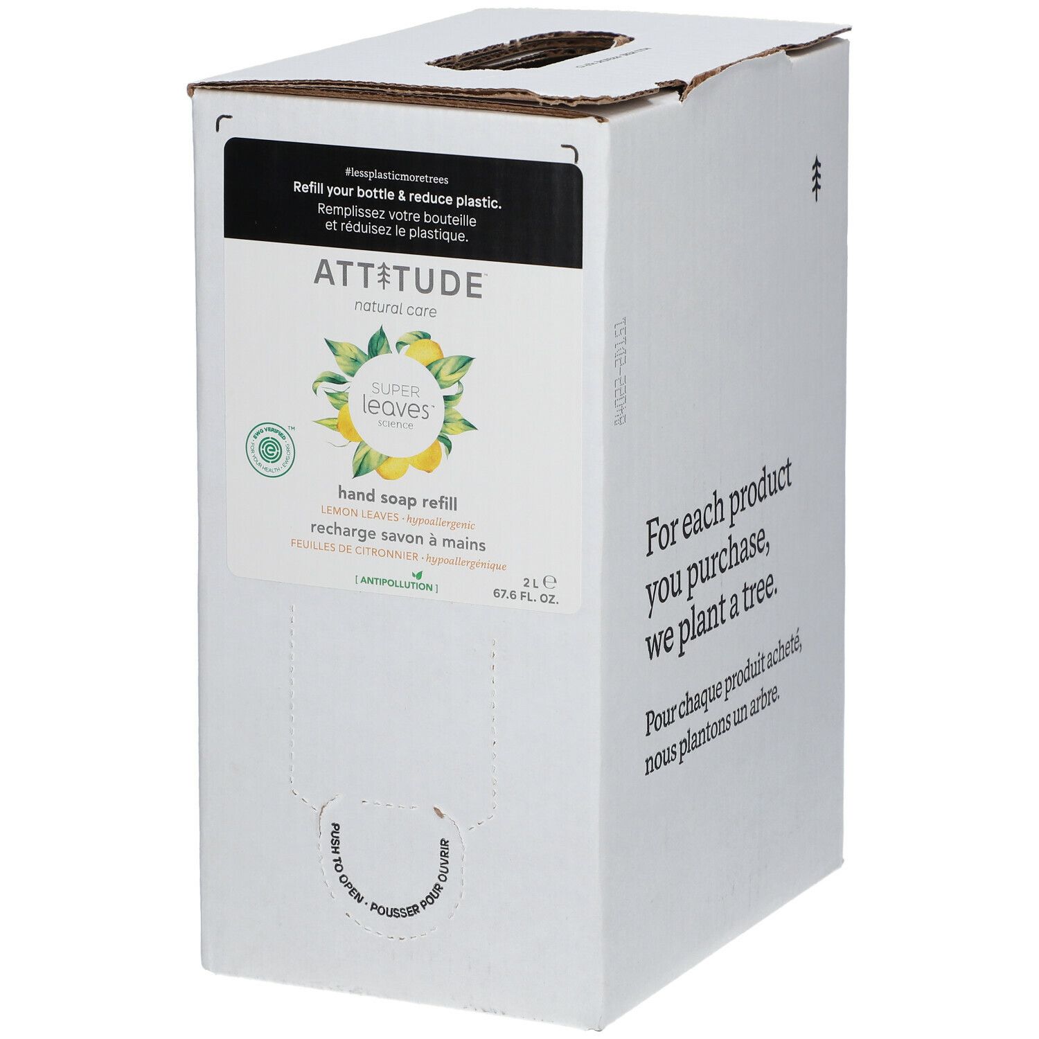 Kartonnen verpakking met productlabel: ATTITUDE Super Leaves Handzeep, Citroenblad Navulling, 2L.