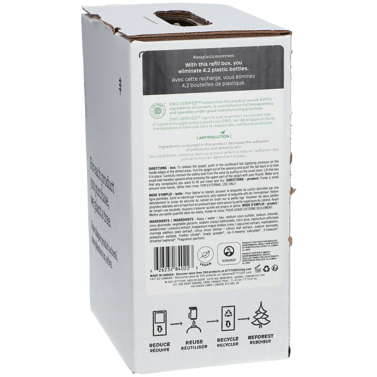 Kartonnen verpakking met productinformatie, certificeringen en ingrediënten. Achterkant.