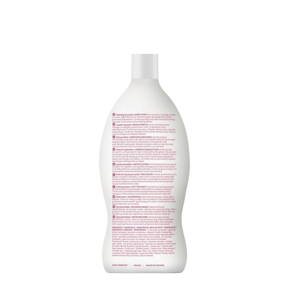 Rückseite einer weißen Flasche mit Text. Enthält Informationen in mehreren Sprachen. Enthält das Logo von ECOLOGO.