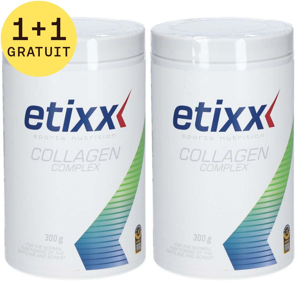 Deux pots blancs avec étiquette bleue et verte. Inscription: Etixx Collagen Complex. 300 g. Cercle jaune: 1+1 GRATUIT.