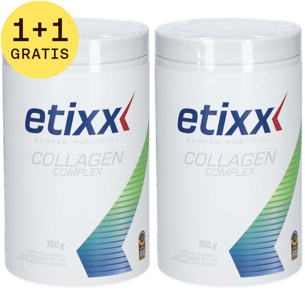 Twee witte potten met blauw en groen etiket. Opschrift: Etixx Collagen Complex. 300 g. Gele cirkel: 1+1 GRATIS.