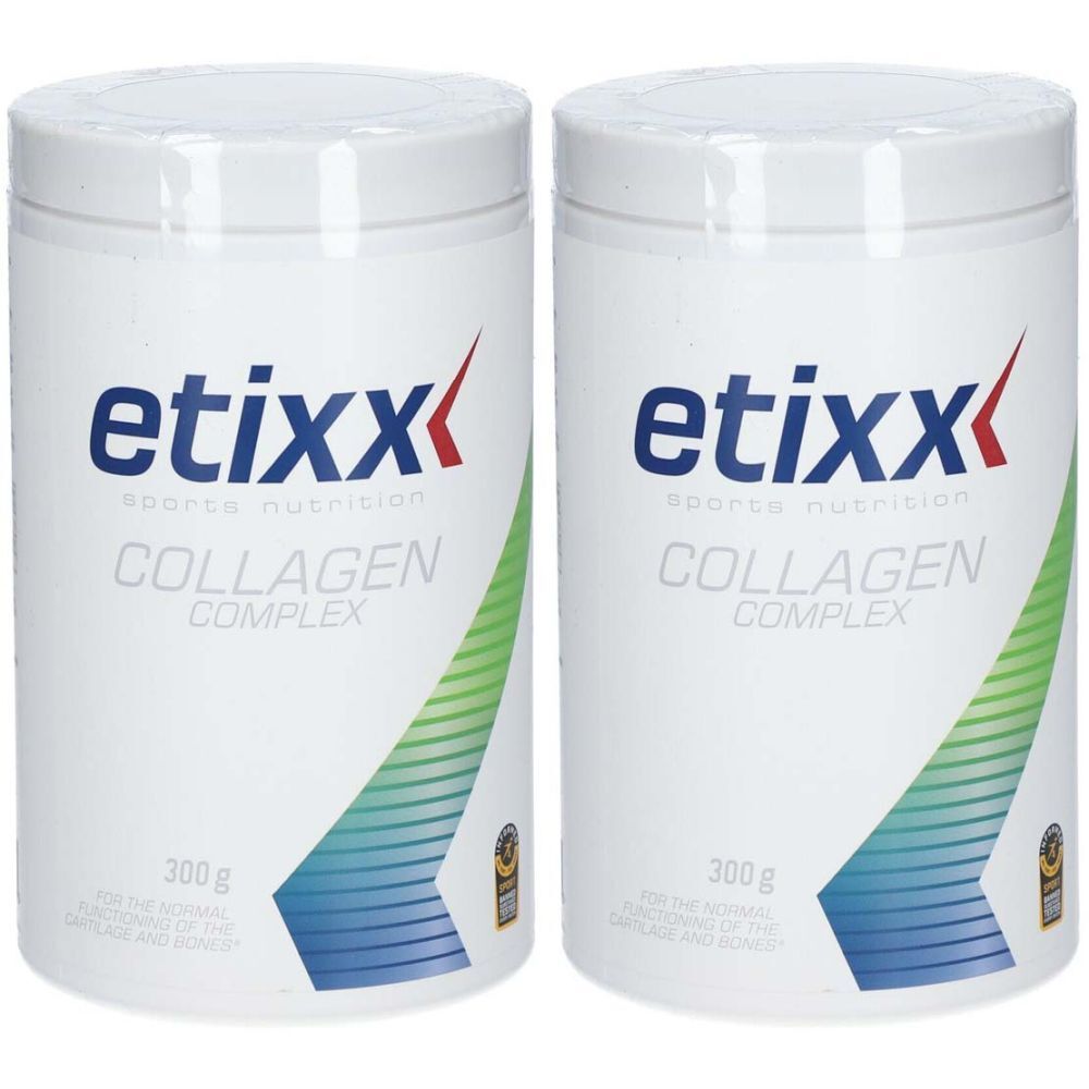 Deux pots blancs avec étiquette bleue et verte. Inscription: Etixx Collagen Complex. 300 g.
