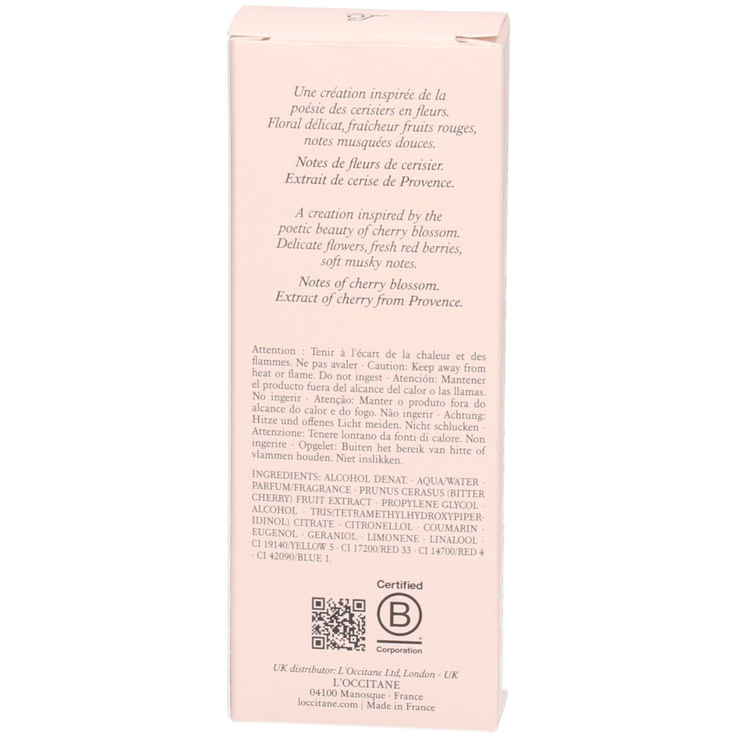 Rückseite der rosa L'OCCITANE Eau de Toilette Verpackungsbox mit Text.