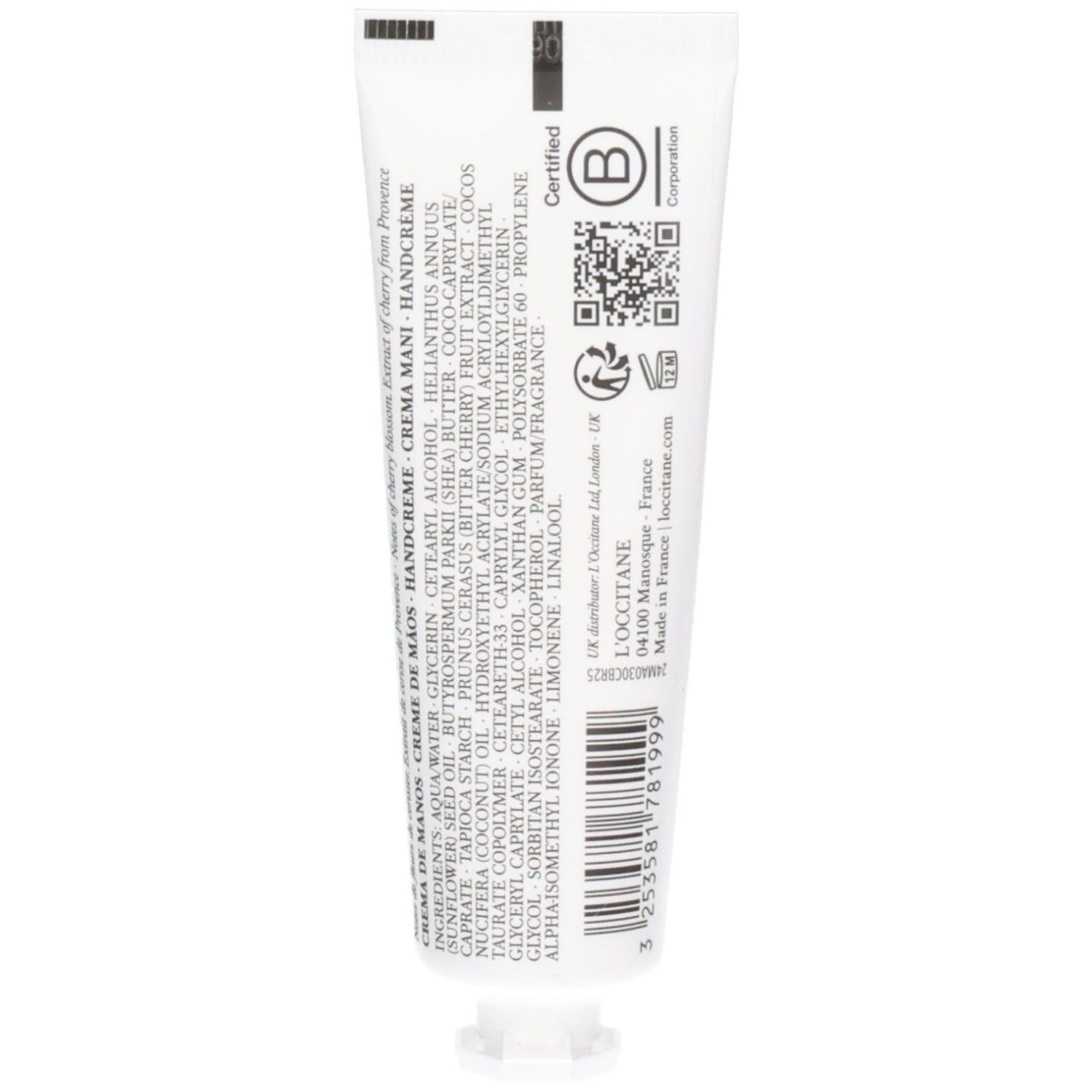 Rückseite einer L'OCCITANE Handcreme Tube mit Inhaltsstoffen und Zertifizierungen.